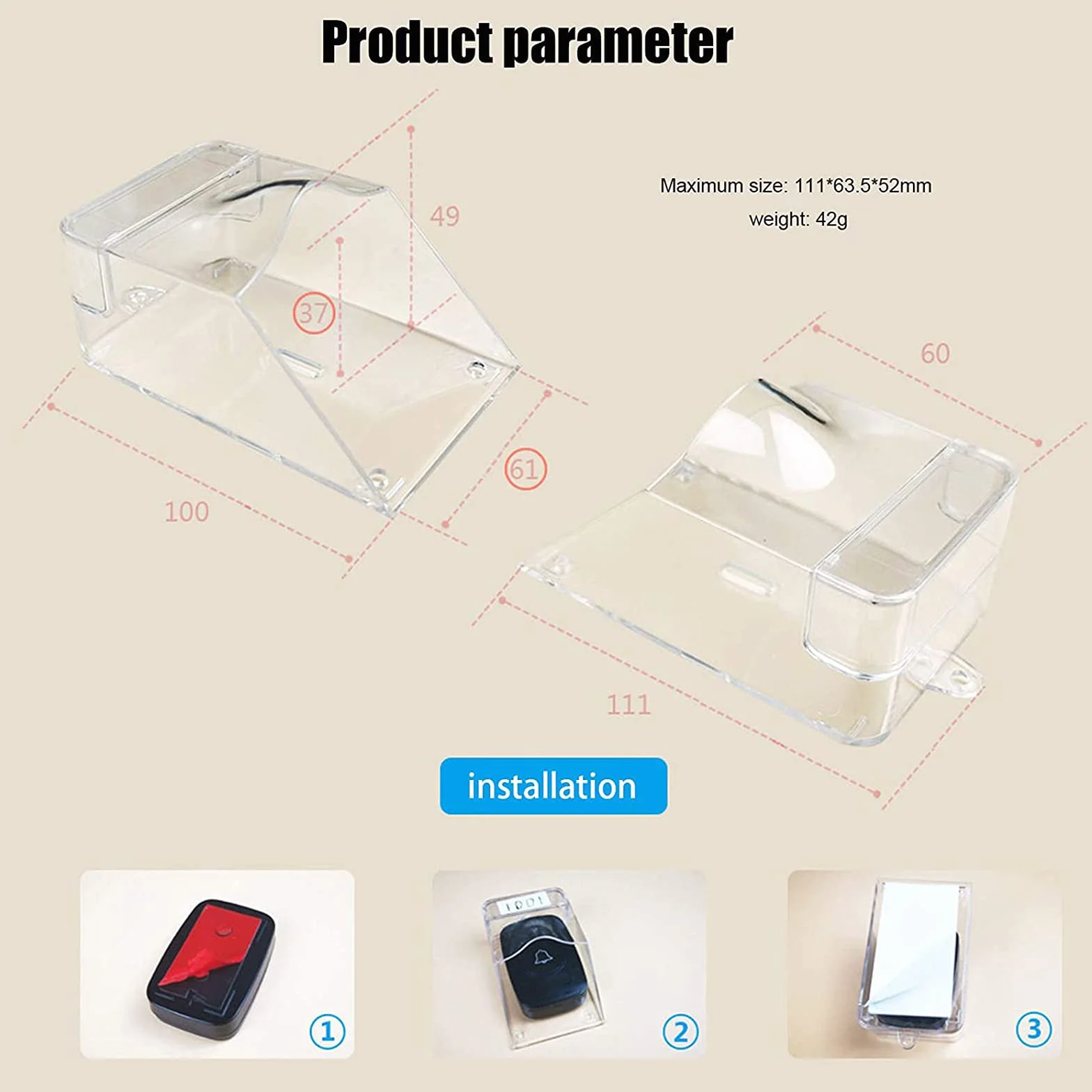 Cubierta impermeable transparente para timbre de puerta inalámbrico, la Lluvia y la Nieve y Compatible con Transmisores Caja Resistente para Timbre de Puerta Exterior
