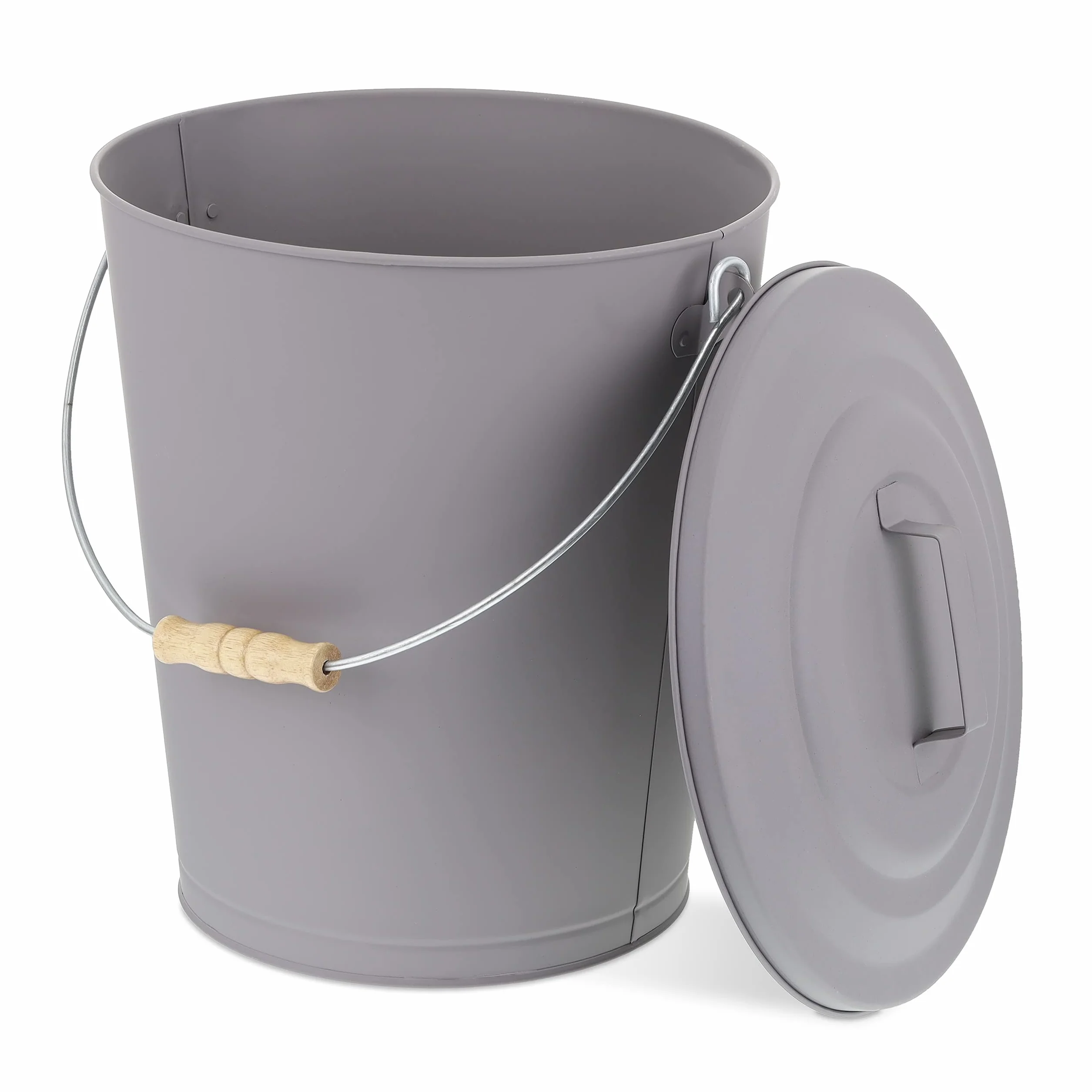 Relaxdays Cubo Cenizas con Tapa, 24 litros, Accesorio Chimenea, BBQ, Acero y Madera, Contenedor Ceniza con Asa, Gris