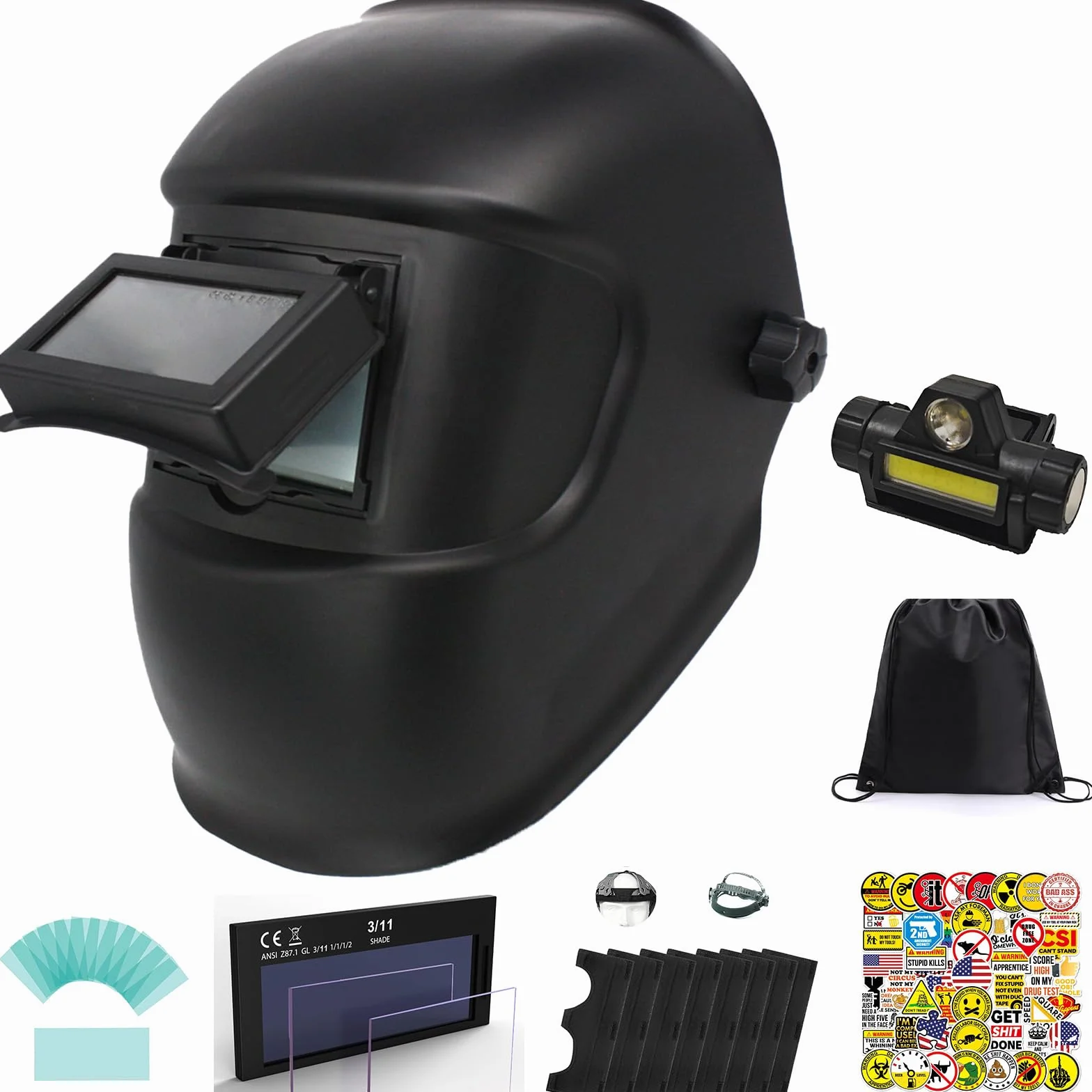 Máscara de soldadura de vidrio negro abatible, lente negra desmontable, con luz LED y 50 calcomanías impermeables para cascos de soldadura
