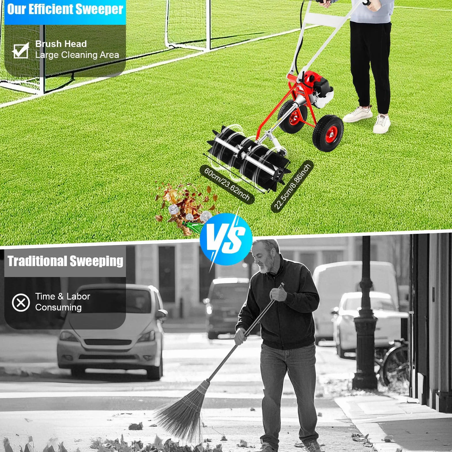 43CC Gasoline Lawn Sweeper, cepillo para césped artificial, barredora manual, escoba motor de gasolina, escoba de motor, barredora, removedor de nieve, recogedor de nieve