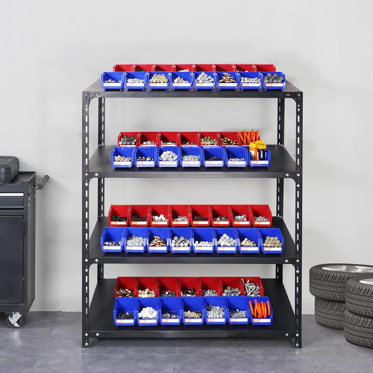 VEVOR Contenedor de Pernos 24 Cajas de Almacenamiento Apilables para Taller 137 x 105 x 78 mm Combinación Azul/Roja Contenedor de Herramientas para Armario, Cocina, Oficina, Despensa, Estante, Pared