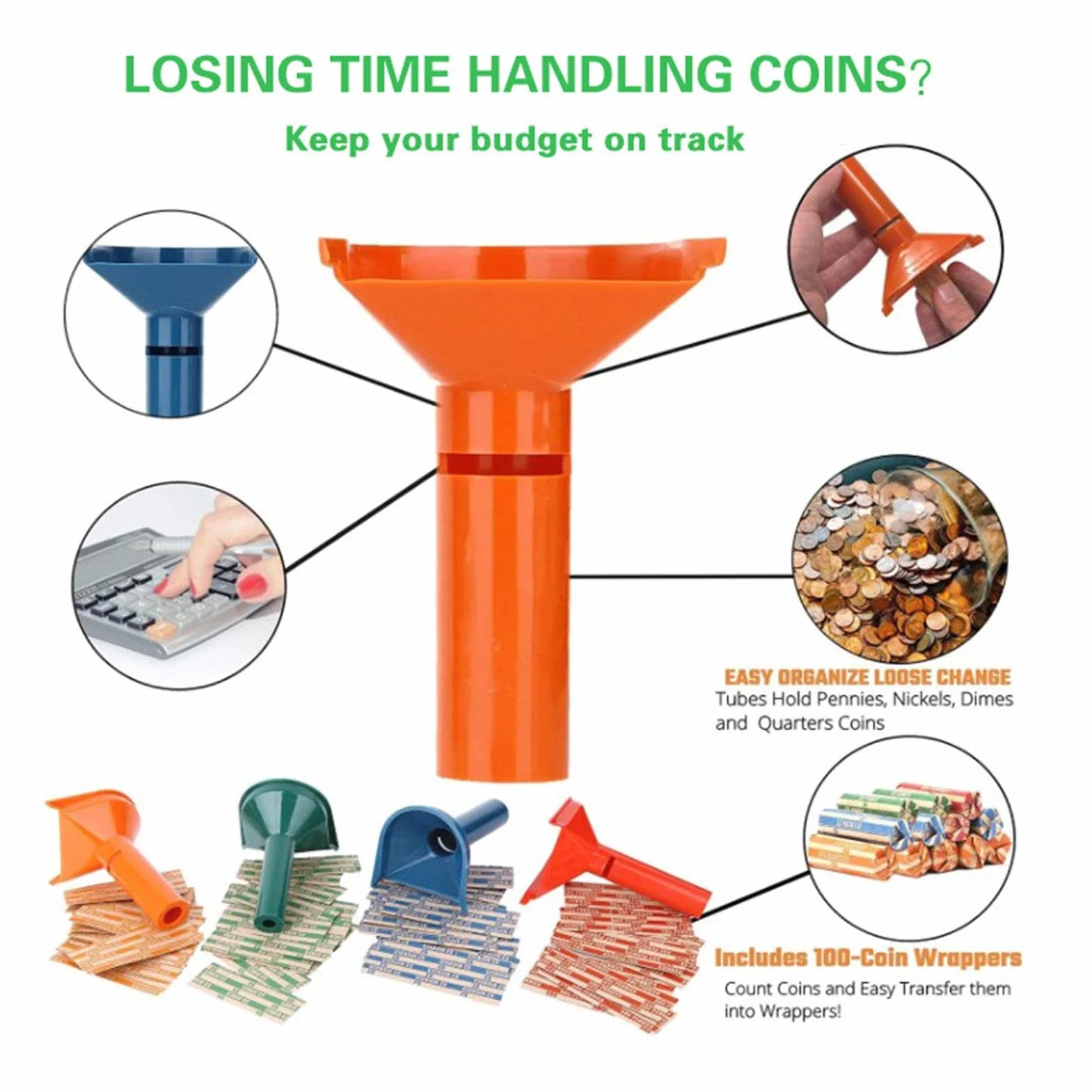 Easy Wrap Tubos para Monedas - Contador y Envoltorios para Rollos Monedas - 4 Tubos y Envolturas Surtidas para Níquel, Diez Centavos, Centavos, Cuarto