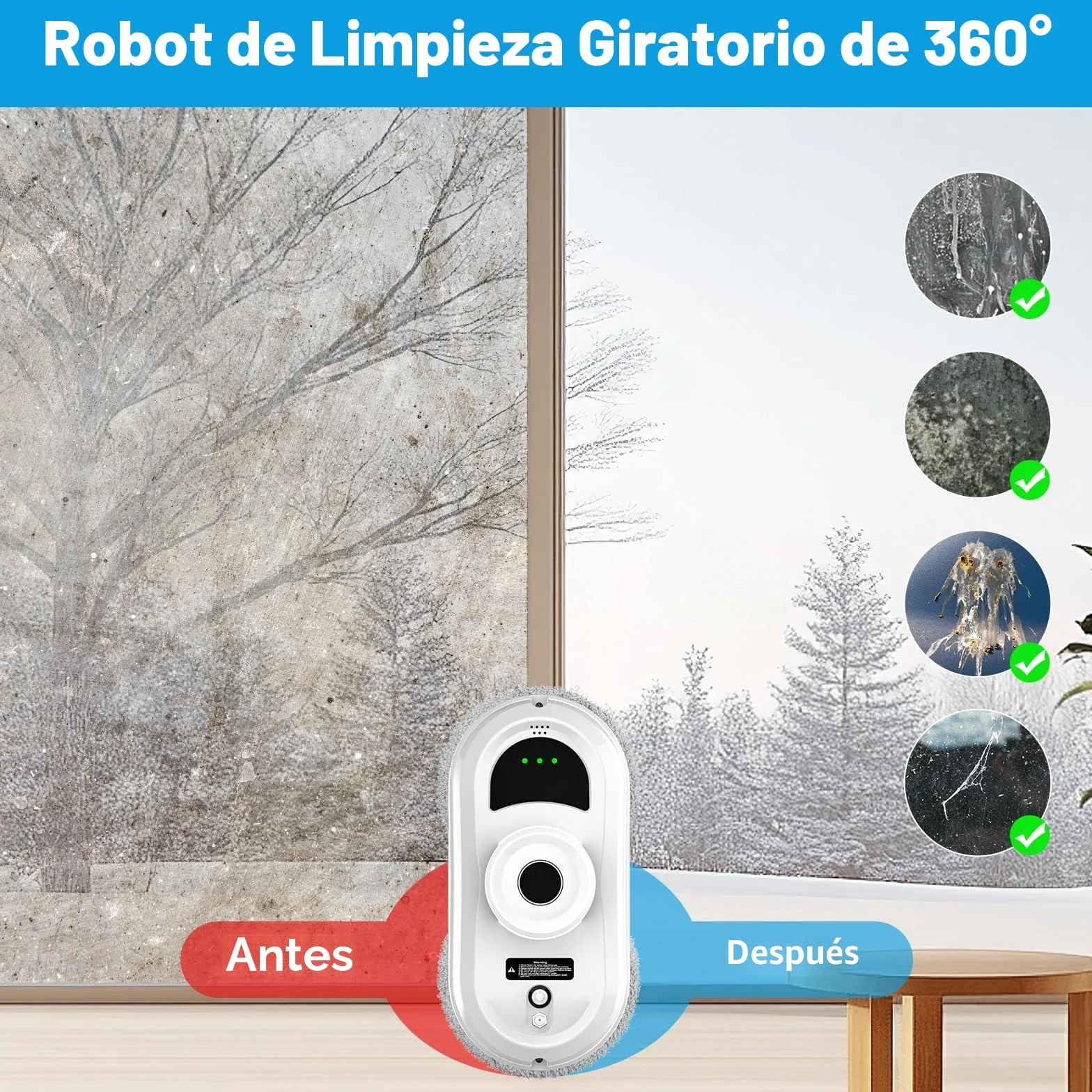 Robot Limpiacristales, Limpiacristales Electrico Ventanas con Succión 5600 Pa, 3 Modos de Limpieza, Sistema de Seguridad, Planificación Inteligente de Rutas y Detección de Bordes, Control Remoto