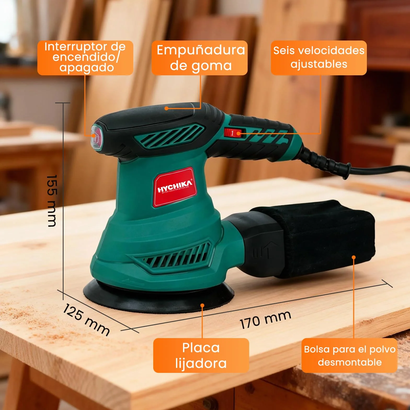HYCHIKA Lijadora Orbital, 300W Motor Cobre Puro, 6 Velocidades 6000-13000 OPM, Bajo Ruido, Bolsa de Polvo Extraíble, Incluye 12 Discos de Lijado para Madera, Suelos y Pintura