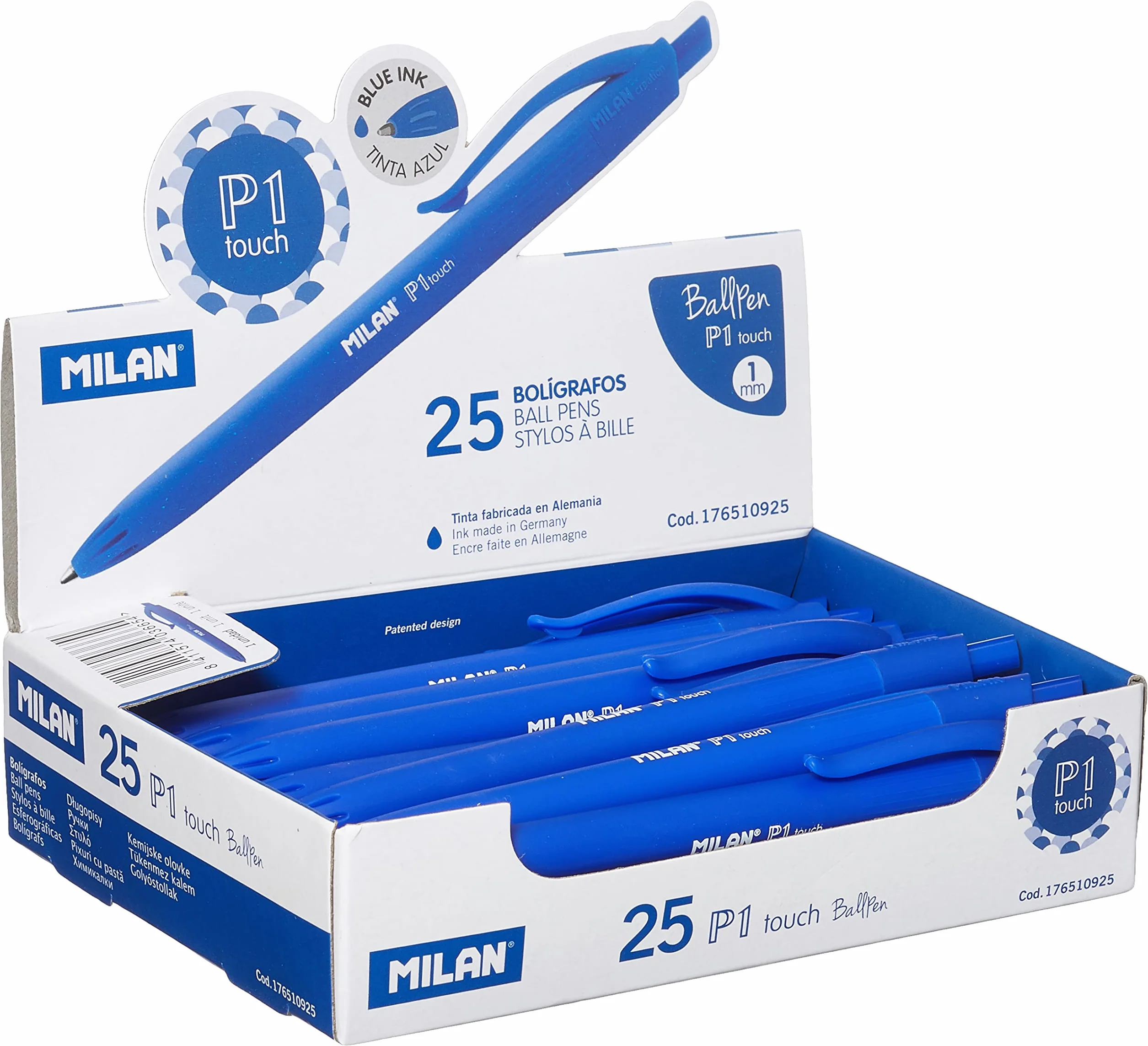 MILAN® Caja expositora 25 bolígrafos P1 touch azul