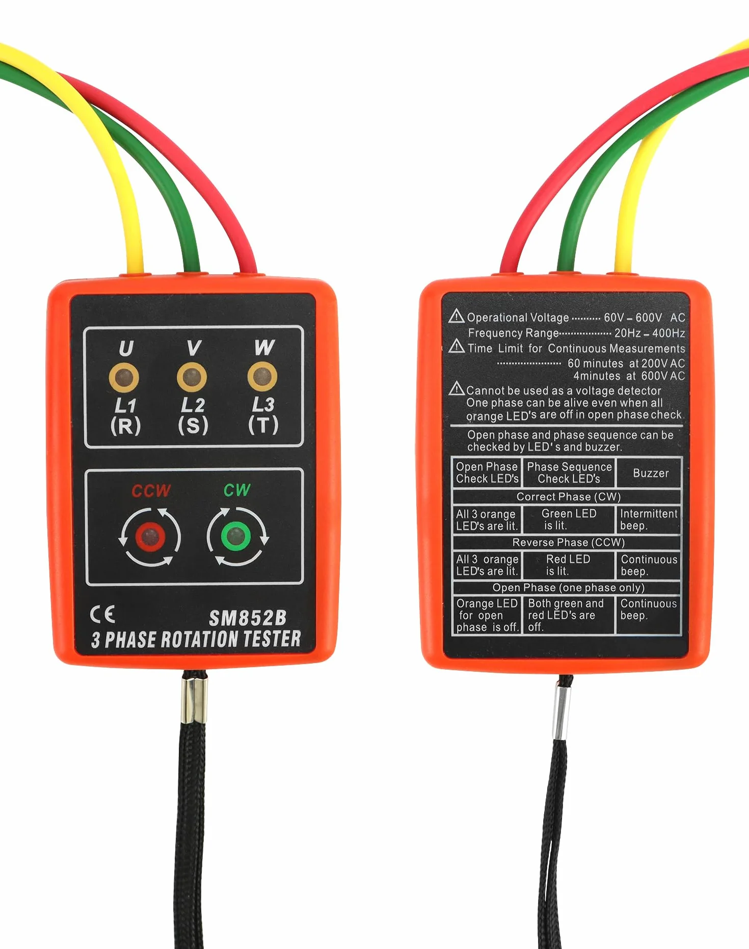 QWORK® Probador de fase, dispositivo de medición de campo giratorio para 3 fases, 60 V ~ 600 V CA, 20-400 Hz, con probador de zumbador y pinzas de cocodrilo
