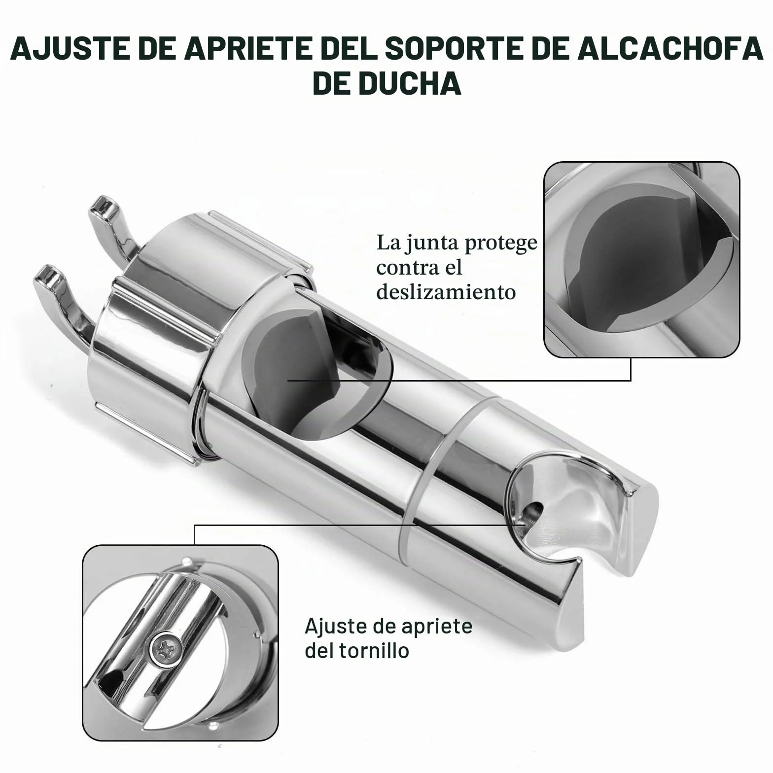 Vinabo Universal Soporte Ducha con 2 Ganchos, Soporte de Ducha, sin perforación, 18-25 mm, diámetro Ajustable, Espaciador Integrado para Proteger la Barra de Ducha