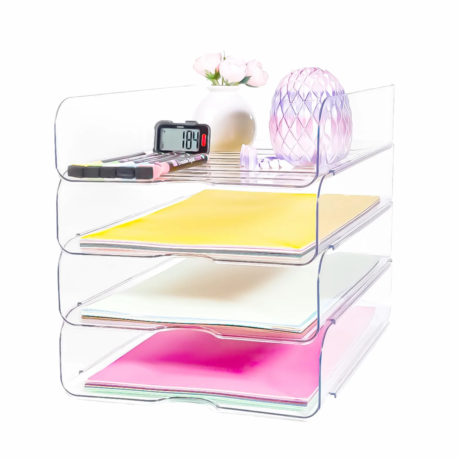 Organizador de escritorio transparente apilable 4 bandejas para archivos A4, iPad, cartas