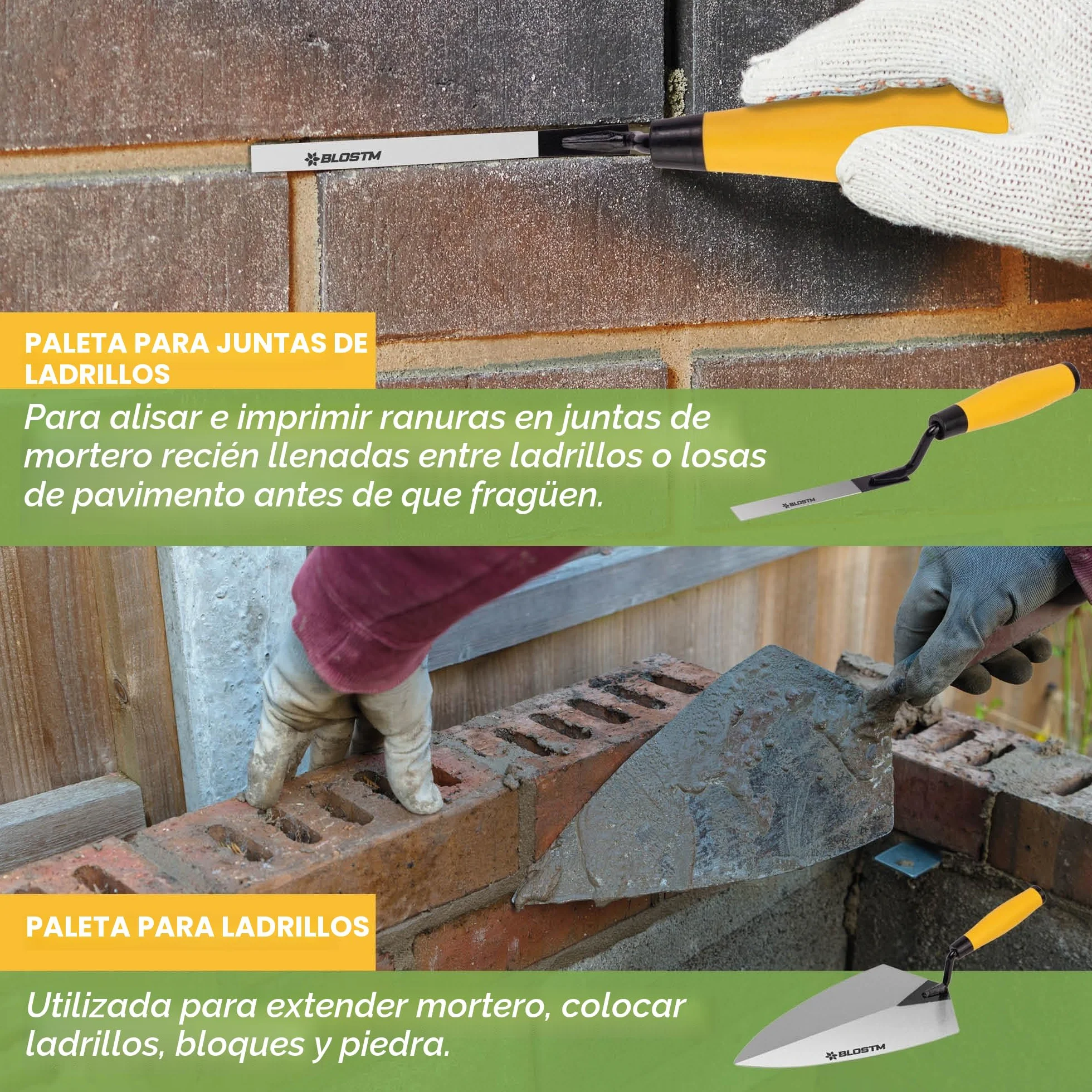BLOSTM Juego de 5 Paleta Albañil - Pastera Albañil, Paleta de Señalar, de Medición, de Ladrillo, de Yeso - Acero al Carbono Duradero - Asas de Agarre Suave (5 Piezas)