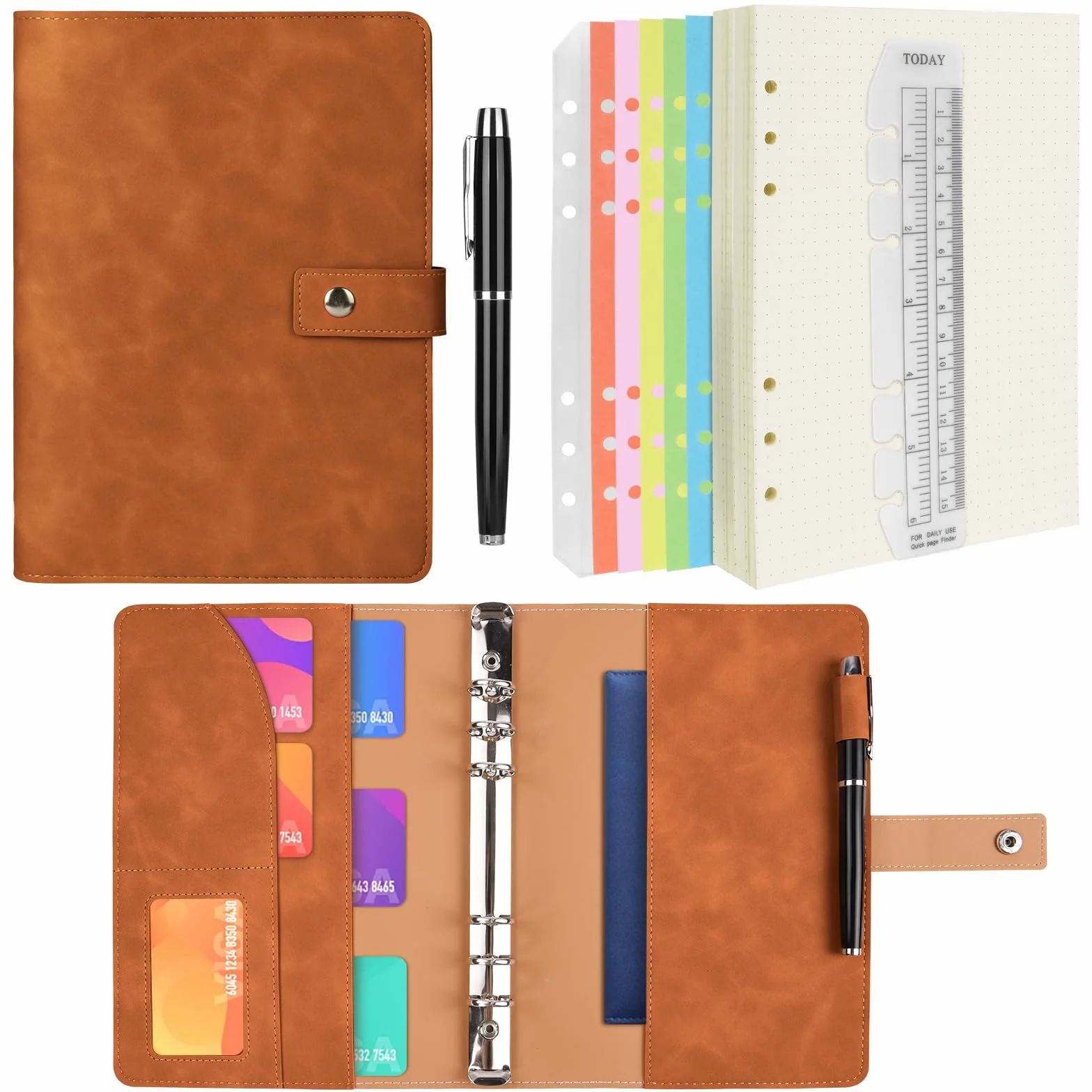 Cuaderno A6 Cuero Sintético Recargable con Cuadrícula de Puntos, Bolsillos y Separador, Marrón