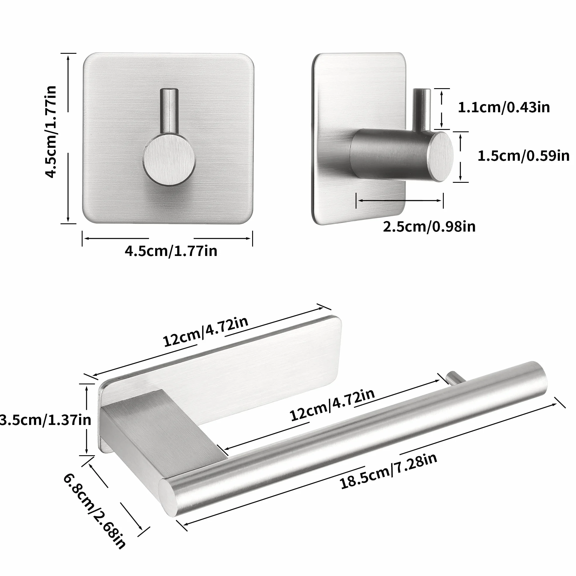 Portarrollos Papel Higienico y 2 Piezas de Ganchos Adhesivos, Portarrollos Adhesivo Baño de Pared, Portarrollos Papel Higienico Acero Inoxidable, Plata