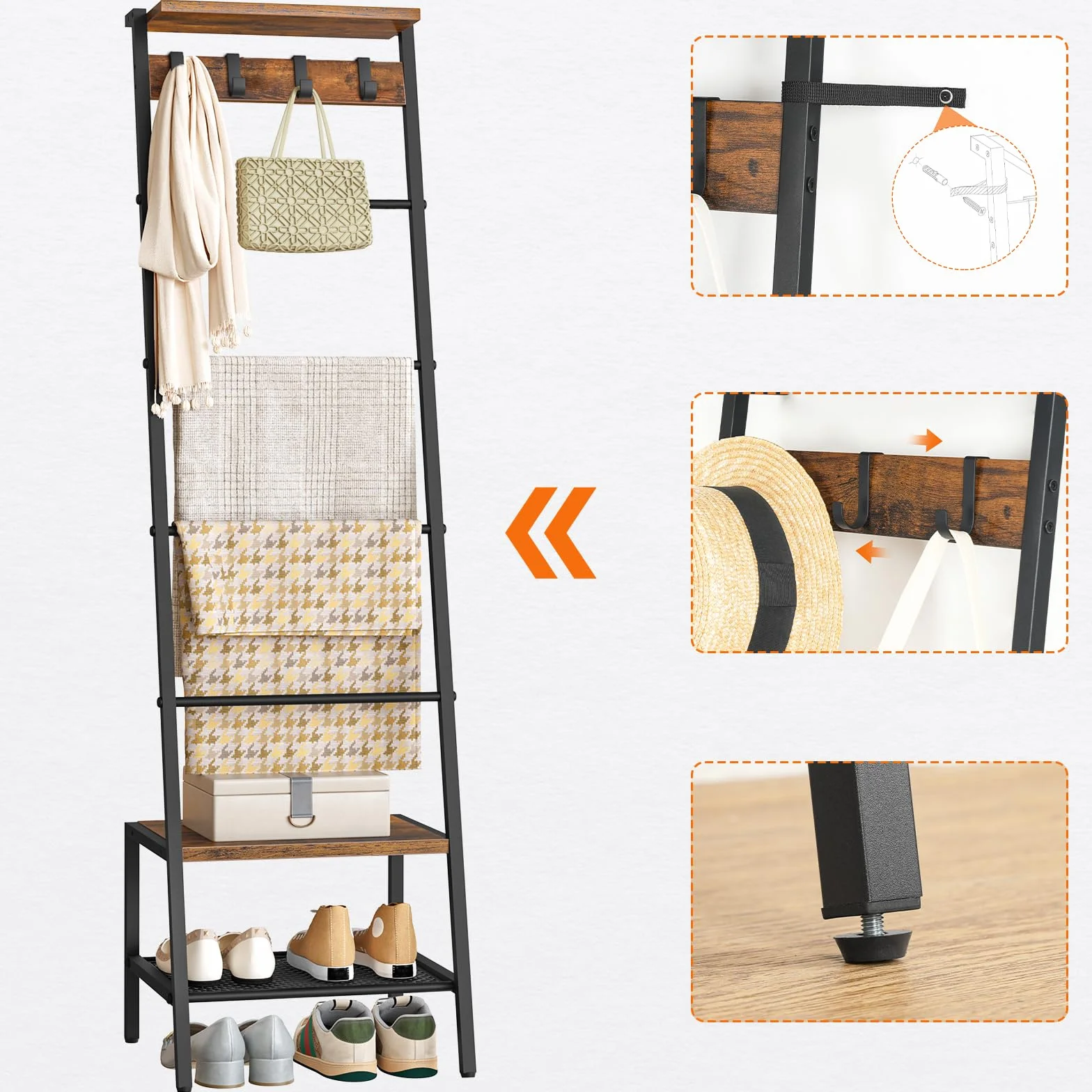 HOOBRO Toallero Escalera, Estantería para Mantas de * Niveles, para Salón y Dormitorio, con Ganchos, Marco de Metal, Forma de Jirafa, Estilo Industrial, Marrón Rústico y Negro EBF13CJ01
