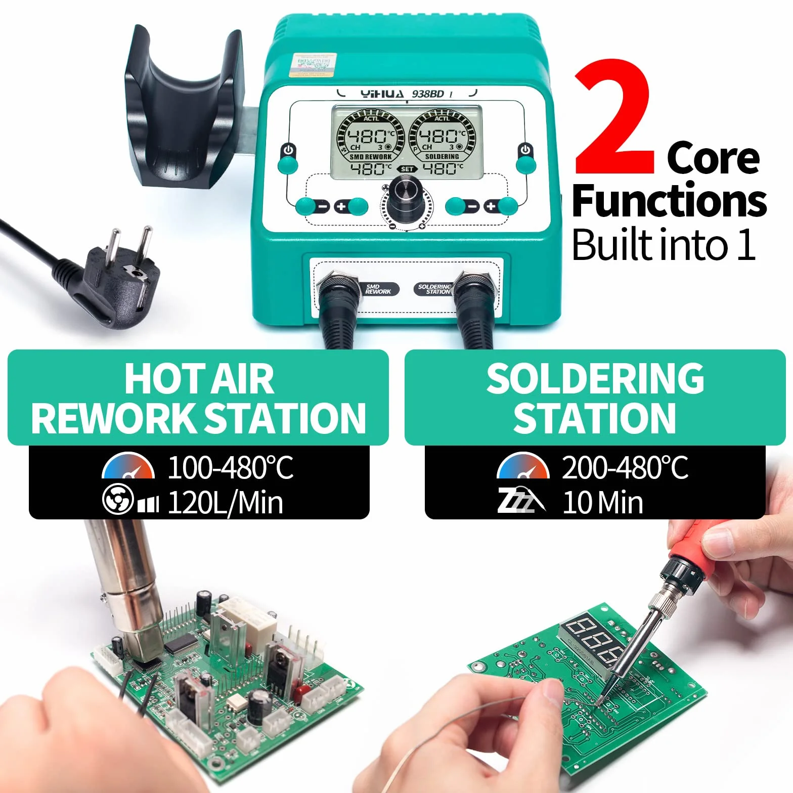 YIHUA 938BD-I 2 en 1 Estación de retrabajo de aire caliente 110W EVO Estación de kit de soldador con pantallas de temperatura dual Modo de suspensión
