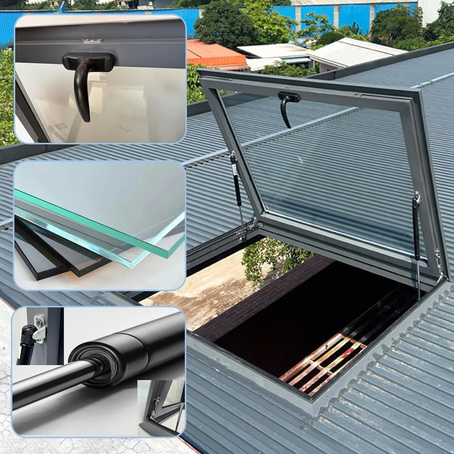Resistente a la Lluvia aleación de Aluminio Claraboya Techo,Sótanos escotilla Acceso Techo con acristalamiento,para azoteas, áticos, sótanos,Gris,60×60cm