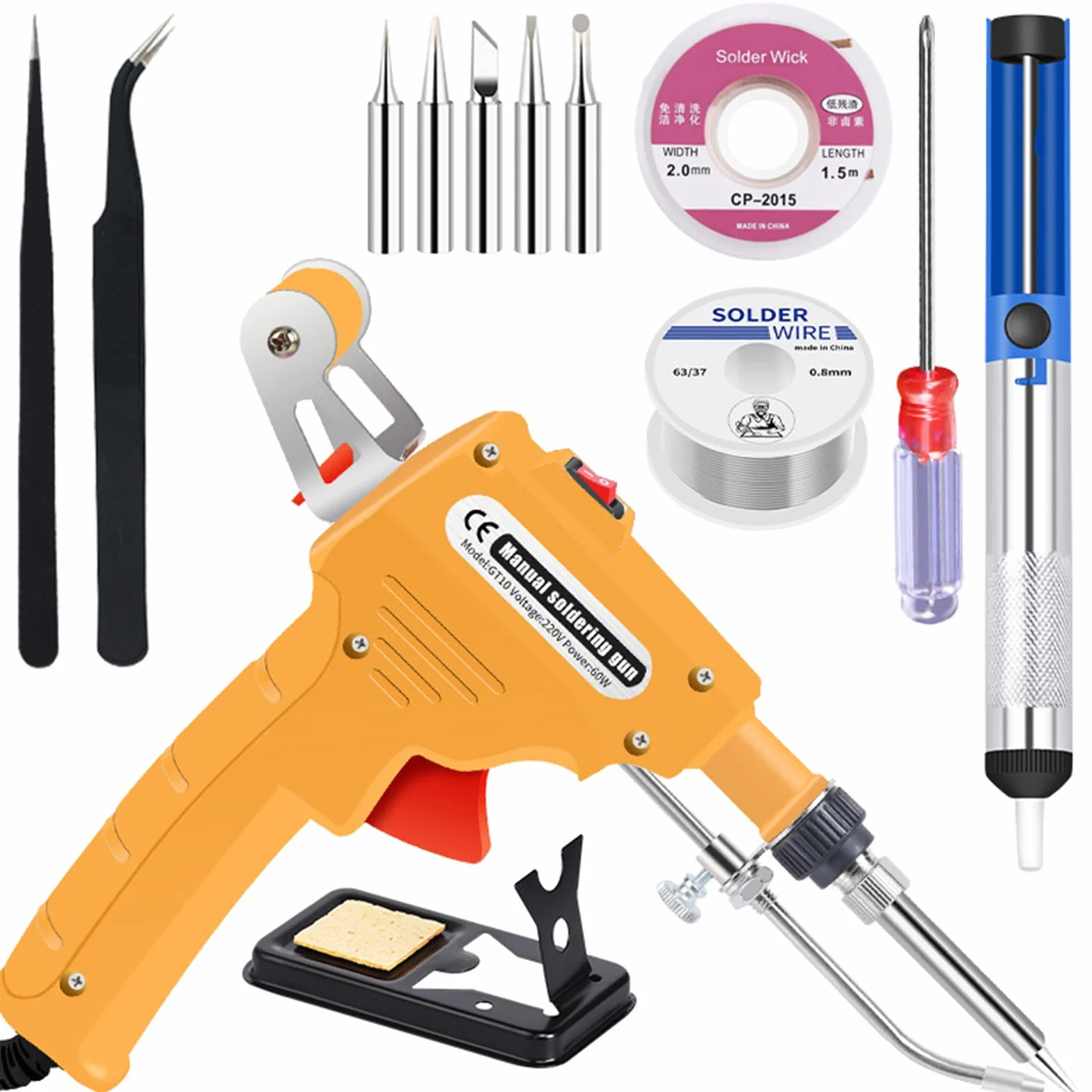 Kit de pistola de soldadura electrónica de 60 W con 5 puntas, bomba desoldadora, pinzas, cables de soldadura, soporte y destornillador Phillips para electrónica, reparación (amarillo)