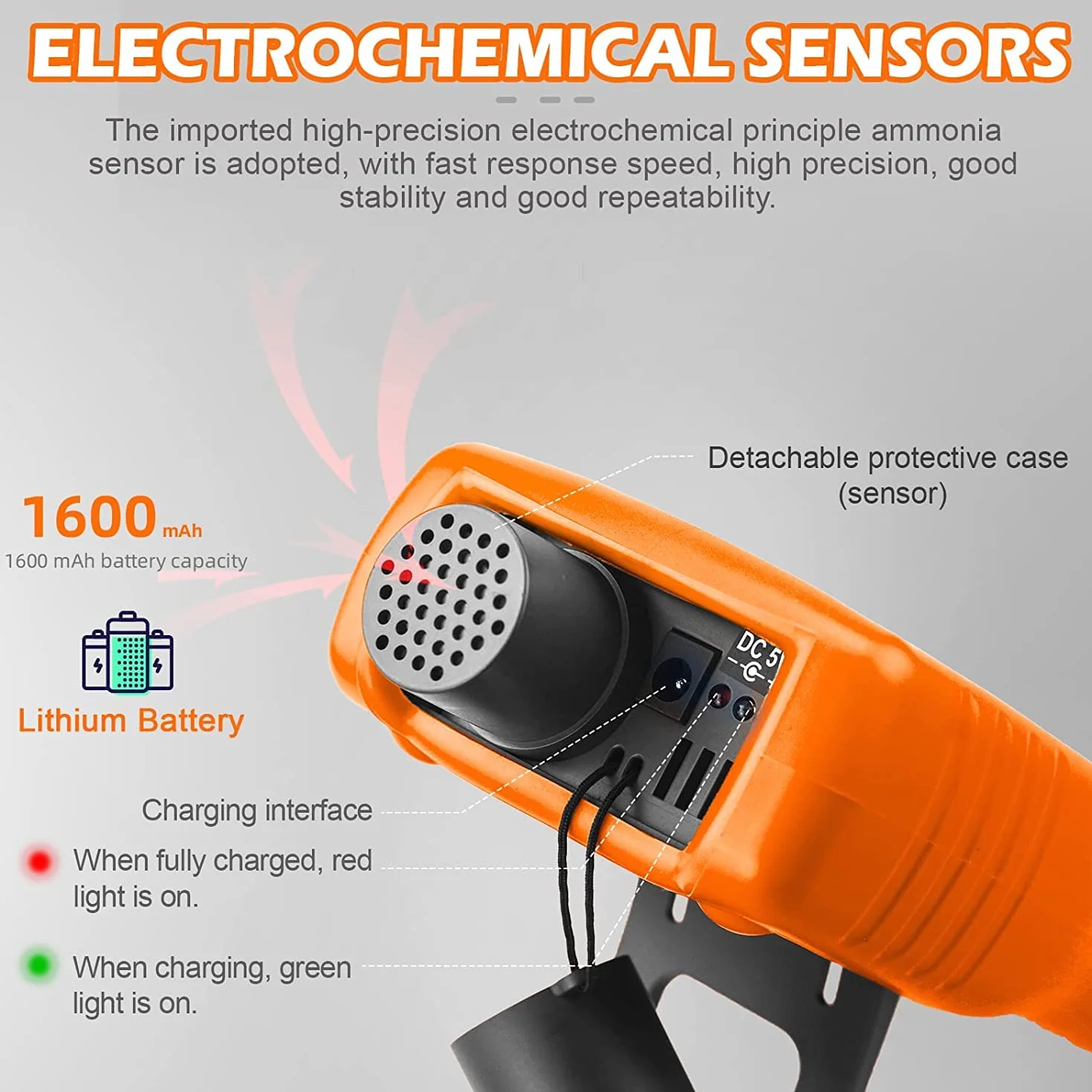 Detector de Gas Amoníaco 0~100 PPM Medidor de NH3, Detector de Partículas Recargable Medidor Profesional Monitor de Gas Amoníaco con Temp, Humedad para aves de Corral, Granja - RQ-5800G