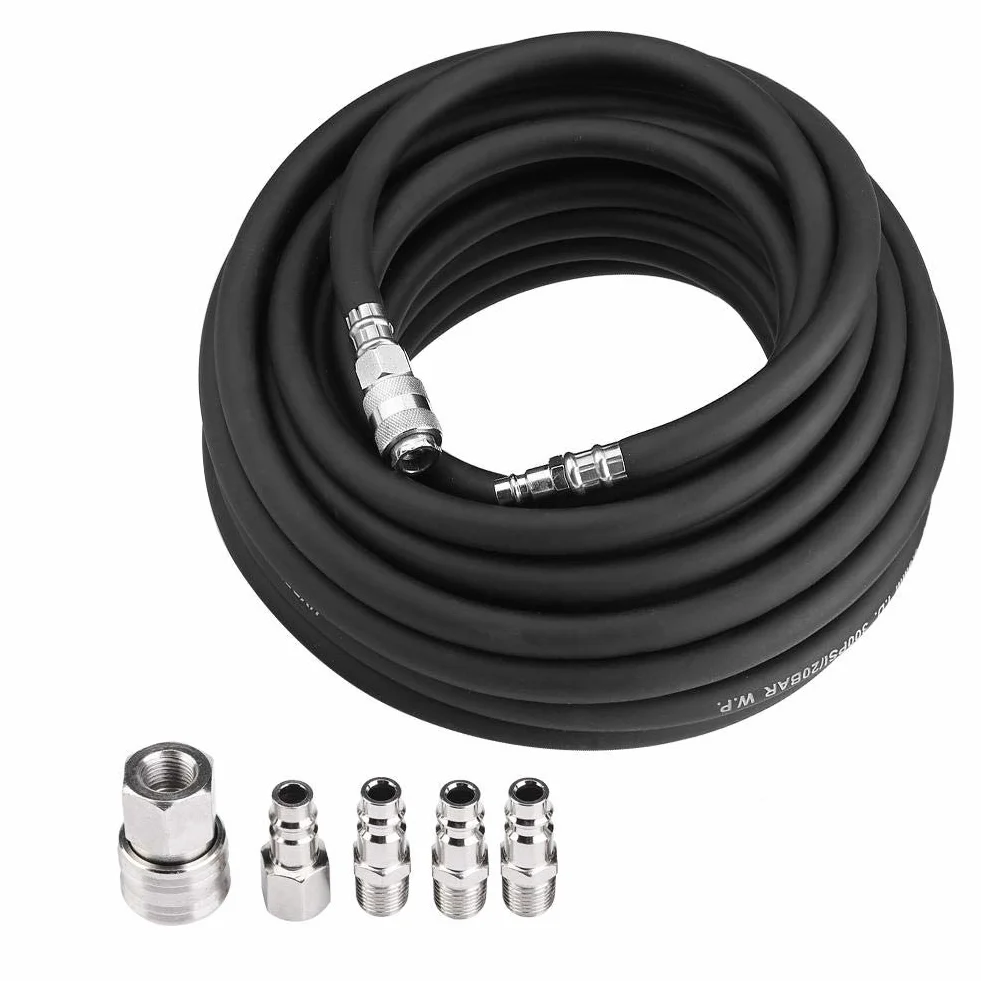 Manguera de aire comprimido flexible, manguera de aire neumática de goma con conexión rápida presión de explosión máxima de 900 Psi para compresor negro 15m