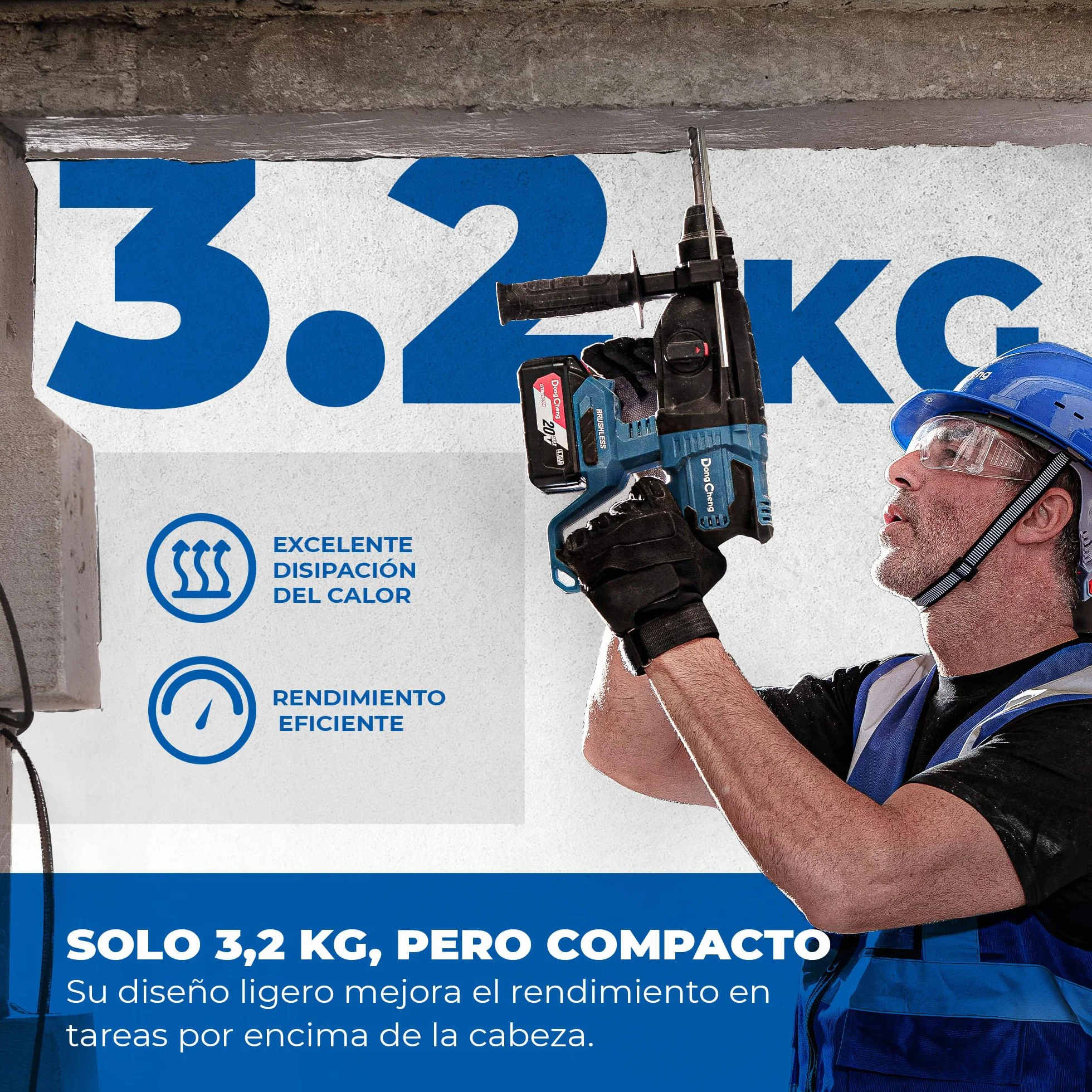 DongCheng Martillo perforador sin cable 18V, martillo percutor a batería 2,8 J, 4 piezas SDS-plus, perforación hasta 28 mm, motor sin escobillas empuñadura antivibración baterías 4Ah y cargador 2A