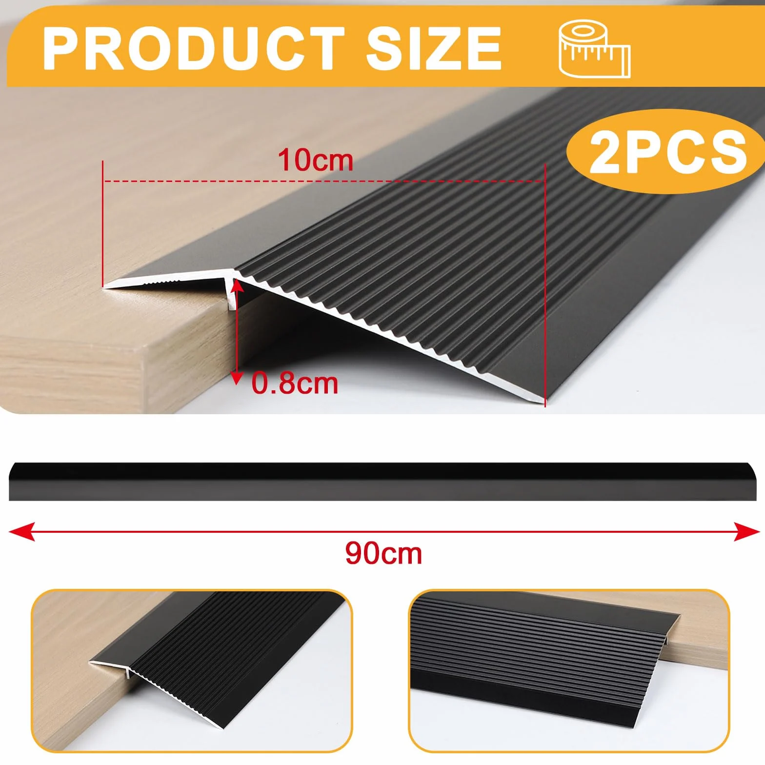 EXLECO 2Pcs Perfil de Transición para Suelo Desnivel Tira de Transición de Piso 90 * 10cm Perfil de Unión para Suelos Aluminio Tira Puerta Transición Negro Banda Transición para Umbral Puerta 8-40mm