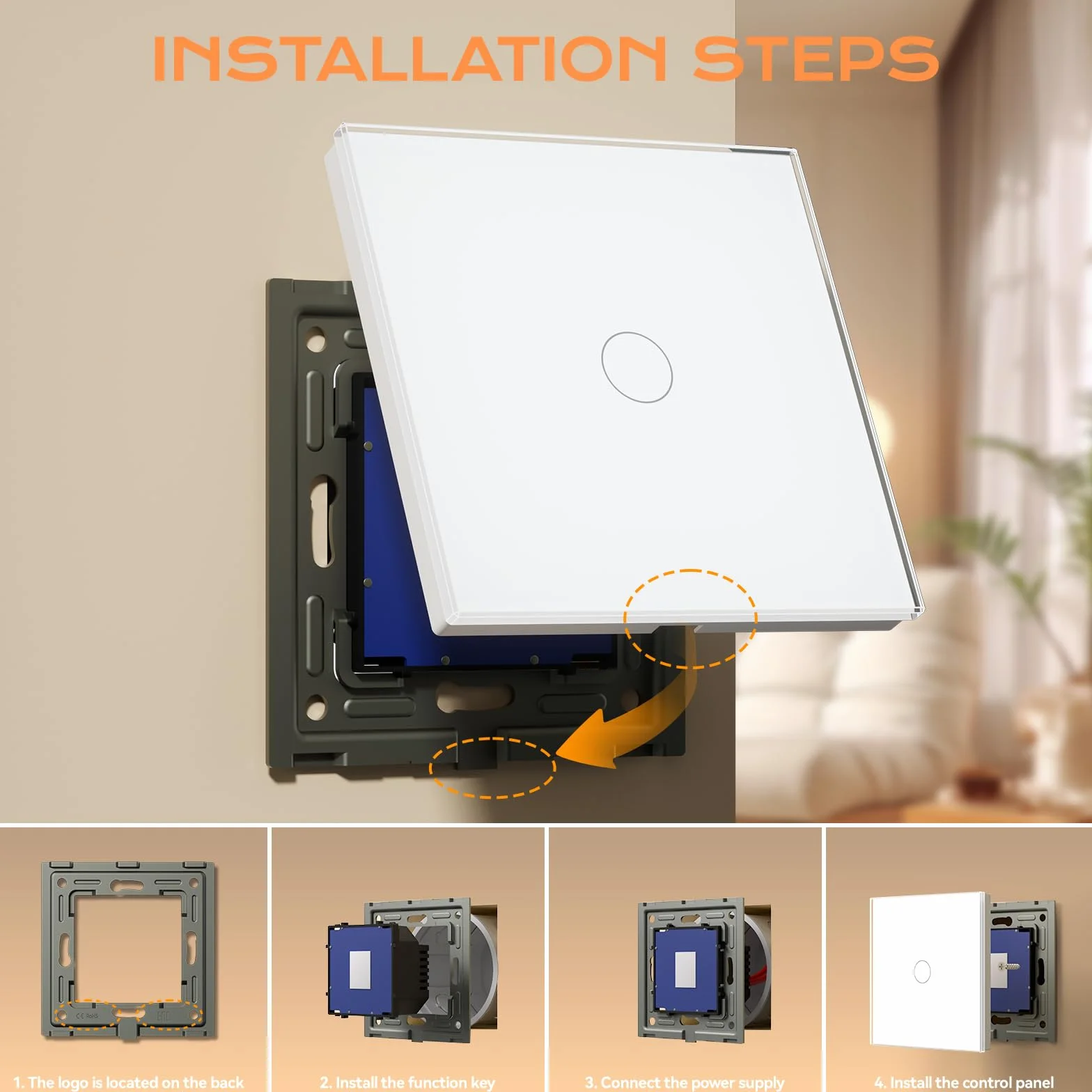 BSEED Interruptor Tactil luz pared,Vidrio Panel con luz Piloto,Sin Función Wifi,1 Gang 1 Vía,86mm Blanco