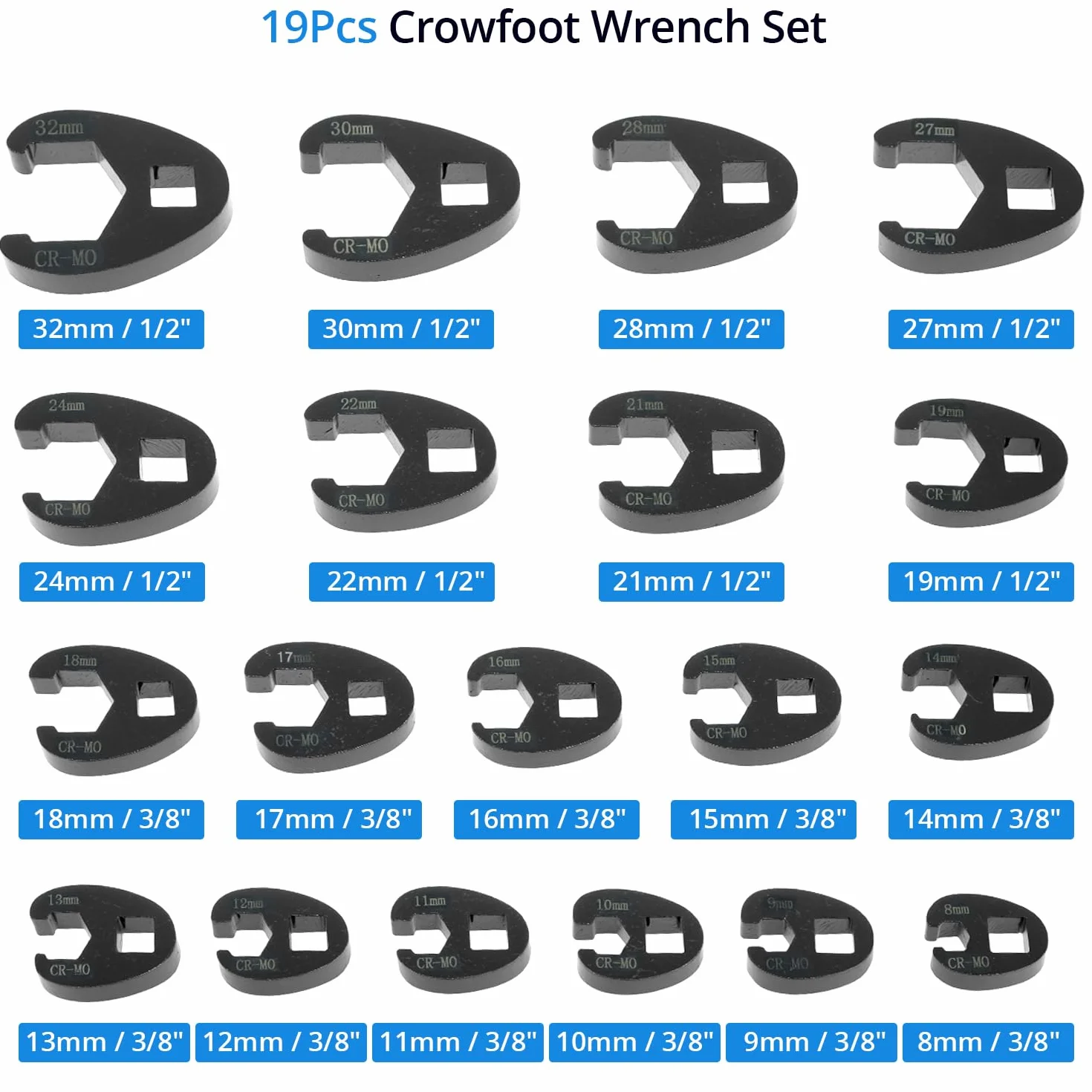 QWORK® 19 piezas juego de llaves de pata de gallo, Impulsada por 1/2" y 3/8", llaves métricas de 8-32mm, cromo molibdeno