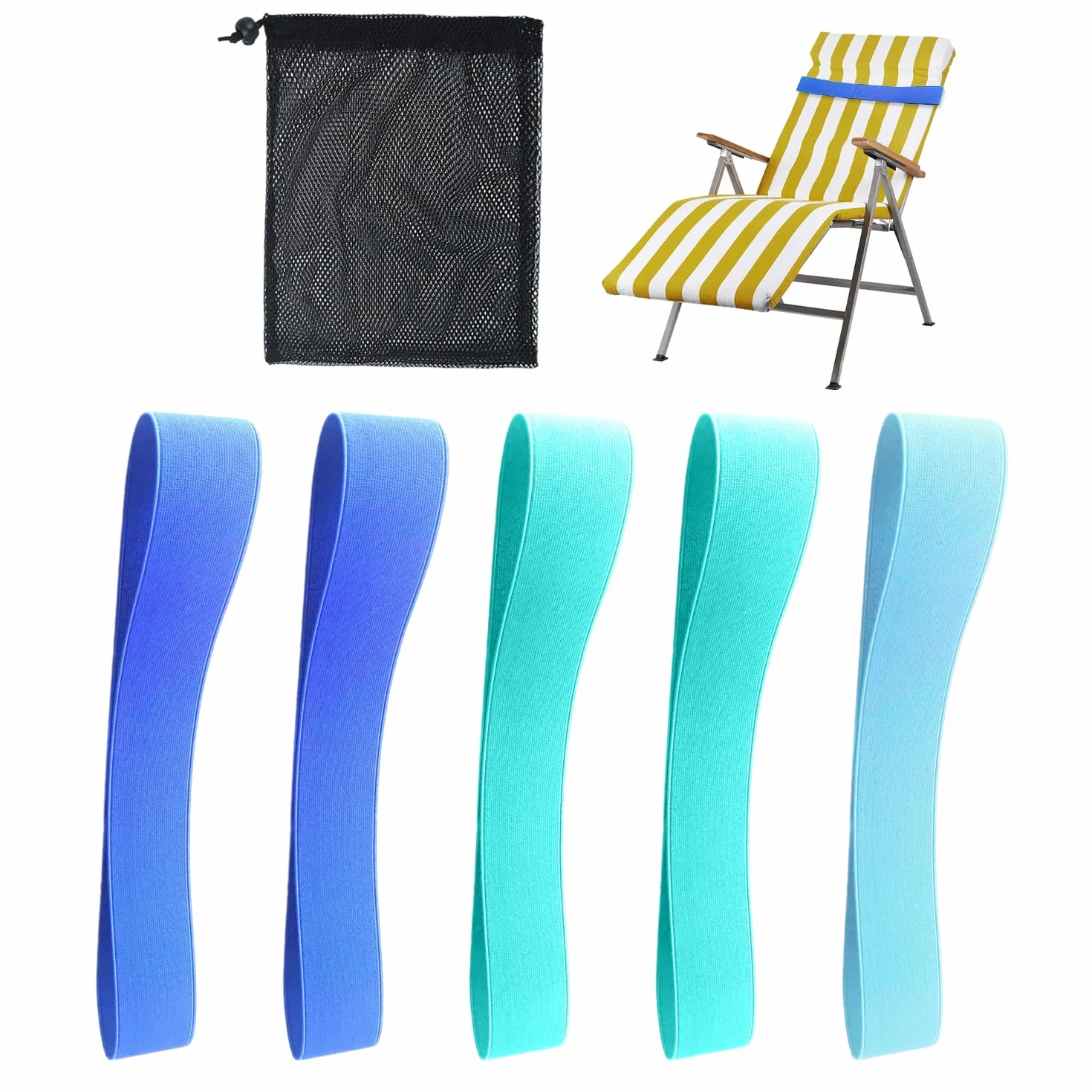 Toallero de 5 piezas con 1 bolsa de almacenamiento de malla, banda elástica, accesorios de playa, correa ajustable, toallero elástico, accesorio de baño de playa