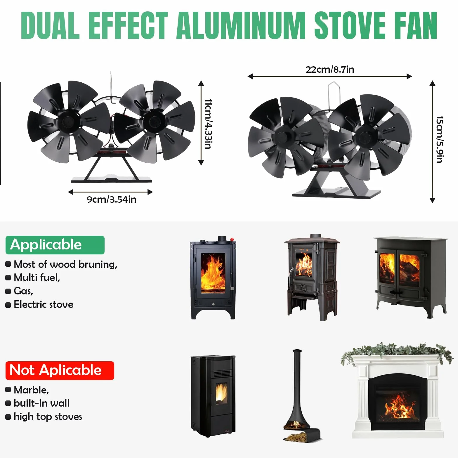 12 PáGinas Ventilador de Chimenea, No Eléctrico Ventilador de Estufa de Leña, Doble Motor Ventilador de Estufa de Lena Silencioso para Estufas de Leña de Leña/Leña/Chimenea/Estufa