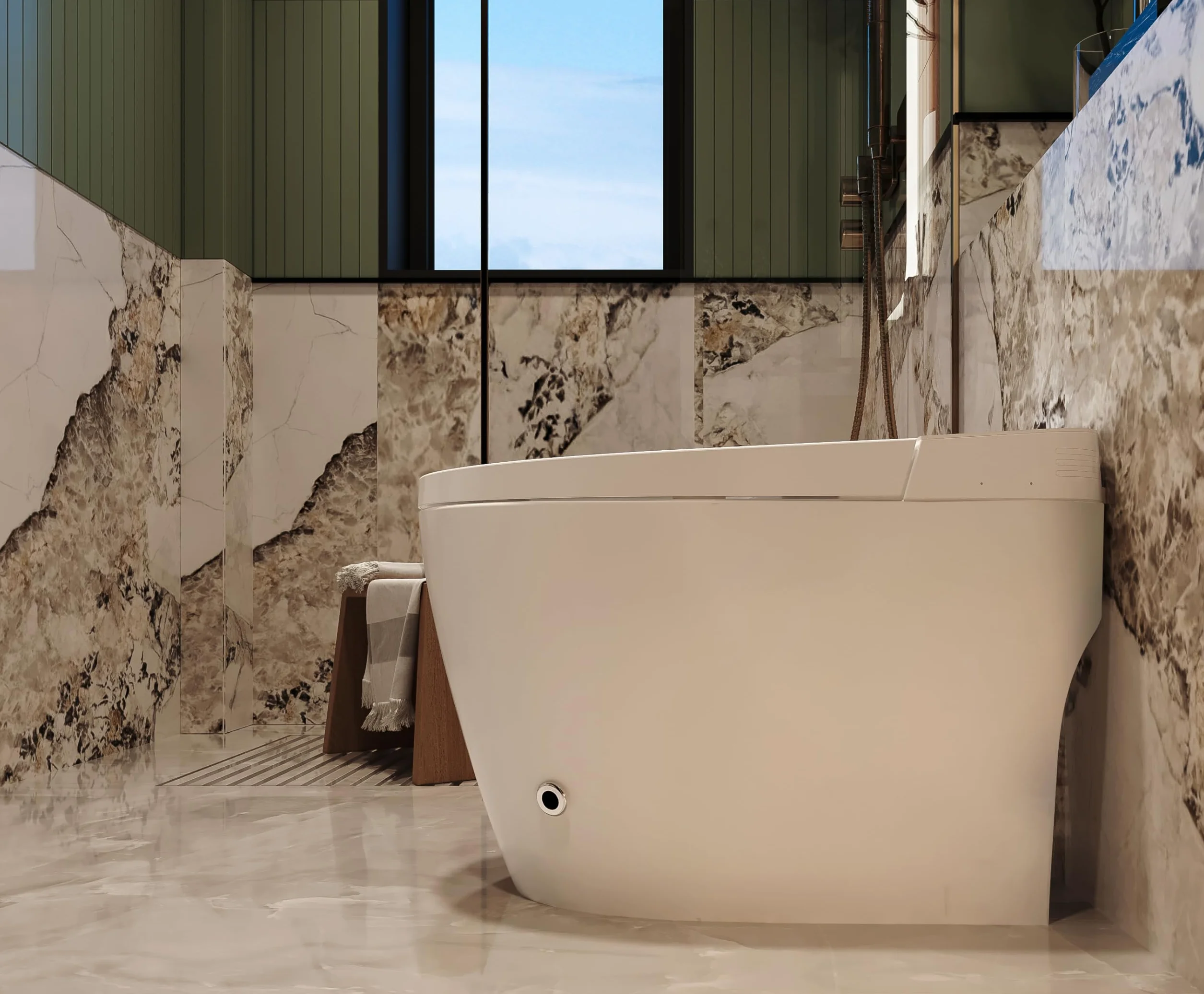 Nashi - Inodoro Japones | WC con Bidet | Agua Caliente, Taza calefactable y Secado | Asiento con Apertura y Cierre Automático | Autolimpieza y Esterilizador UV (Desagüe salida a suelo)