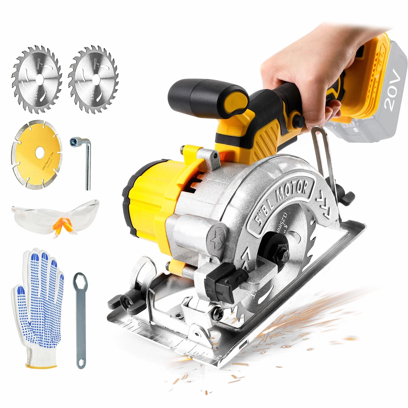 Sierra circular de mano compatible con batería Dewalt de 18 V, batería sin escobillas, mini sierra circular de 6200 rpm, profundidad de corte 40 mm (90º), 25 mm (45º), 3 hojas (125 mm)