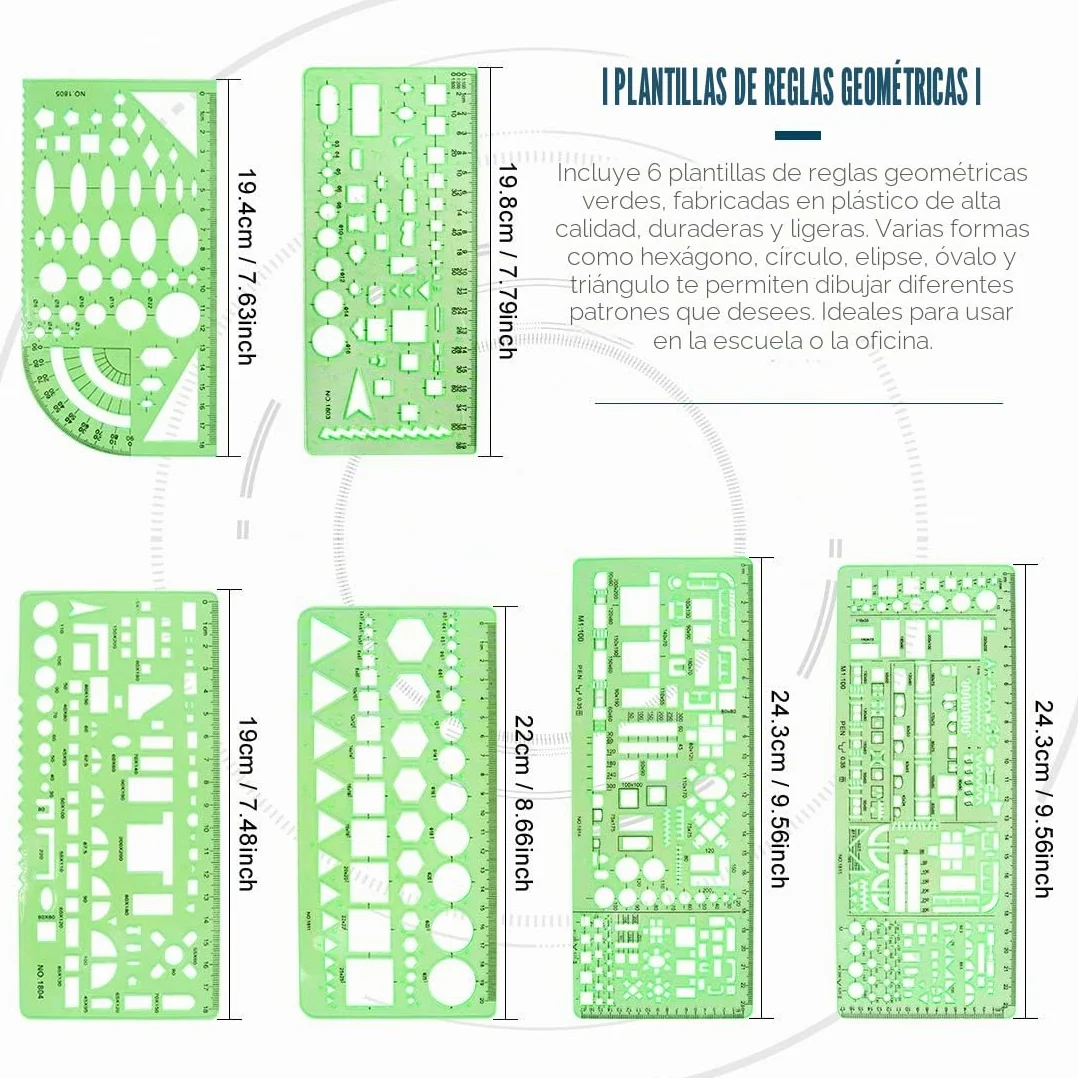 Glarks 16 plantillas de medición de encofrado de construcción, reglas de dibujo geométricas y regla triangular de escala de arquitecto con lápiz