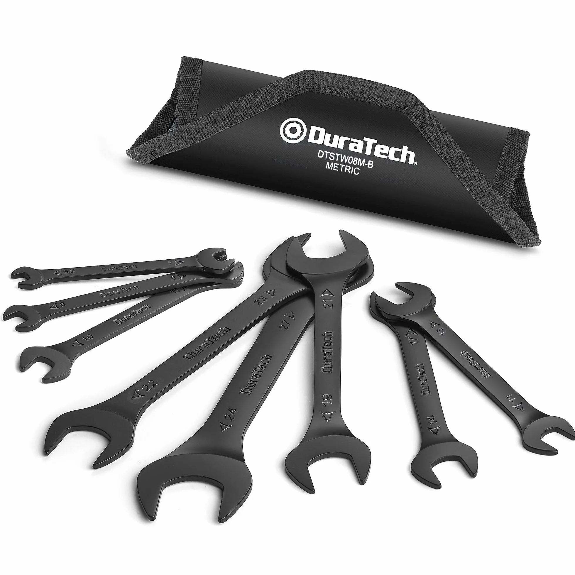 DURATECH Juego de llaves fijas dobles, 8 piezas, sistema métrico, 5,5 mm-27 mm, juego de llaves planas superfinas para espacios reducidos, recubrimiento electroforético negro, con bolsa de transporte