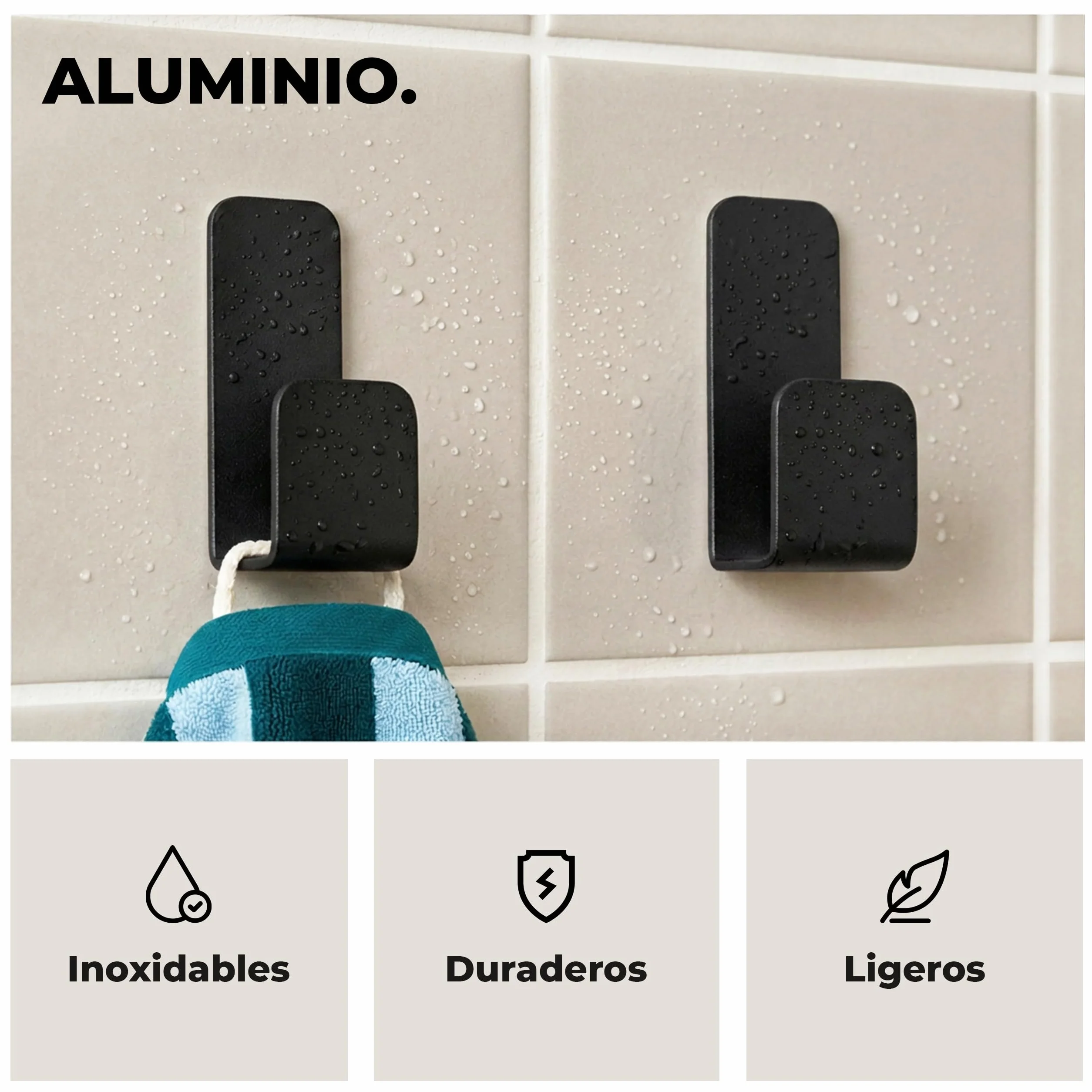 Pack 4 Ganchos Adhesivos para Pared | Colgadores Adhesivos Resistentes | Colgador Toalla Baño sin Taladro | Percha Baño, Dormitorio y Cocina | Negro Mate
