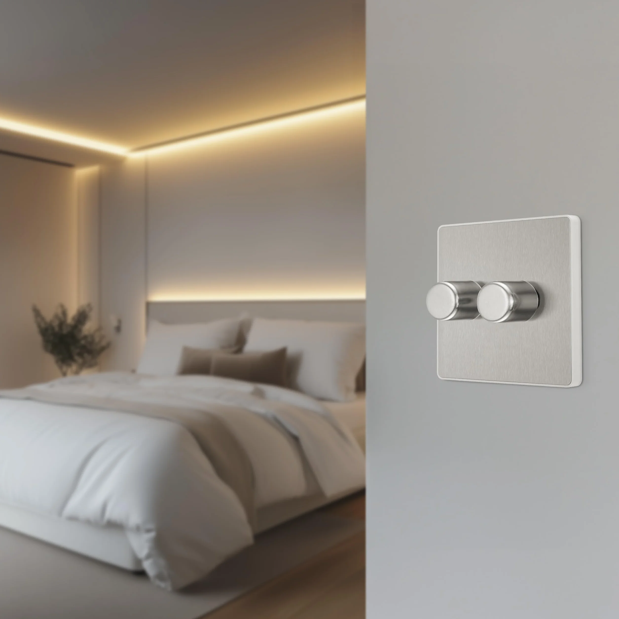 BG Electrical Interruptor de atenuación inteligente de doble pared, 2 vías, placa frontal sin tornillos, Evolve, acero cepillado, 200 W, PCDBS82W