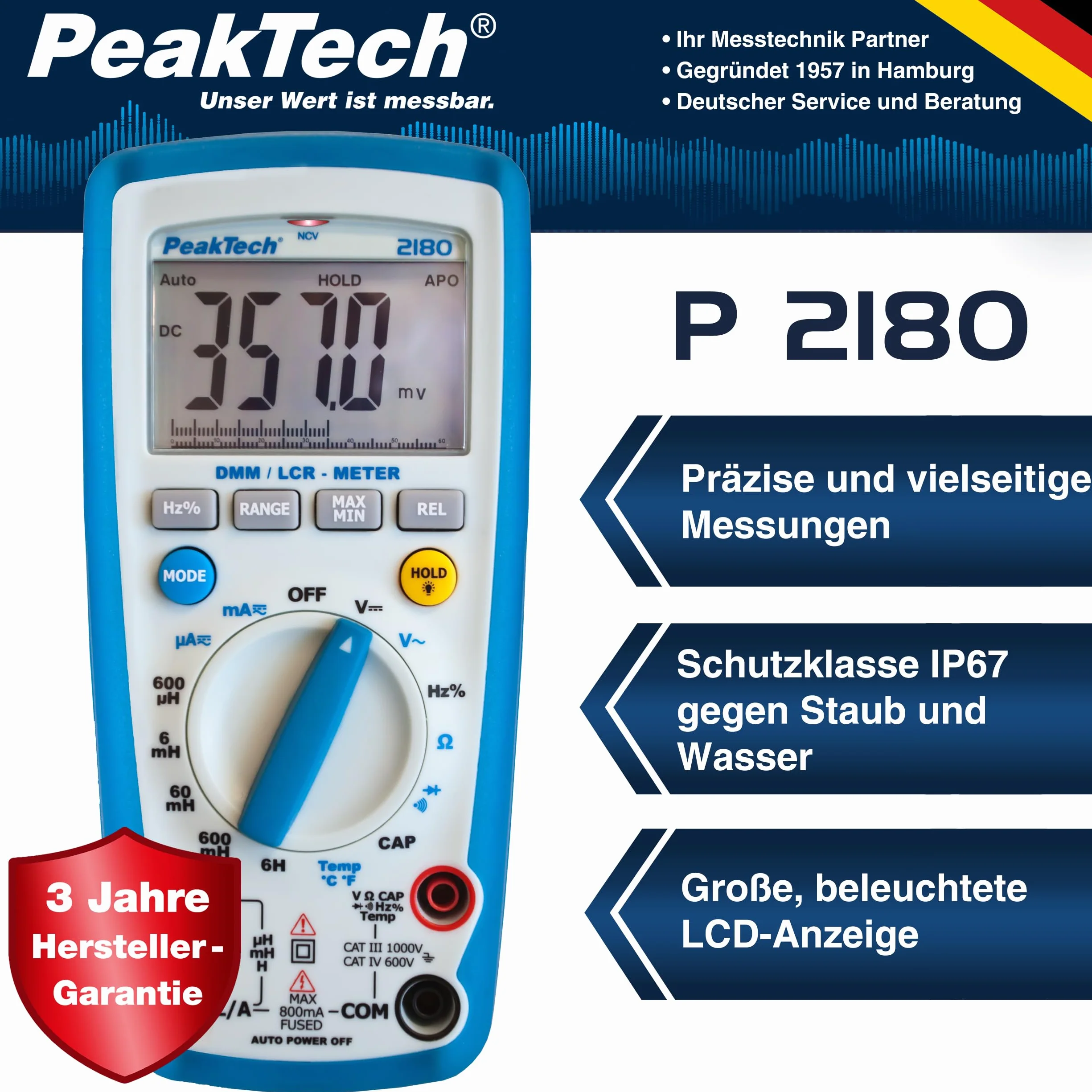 PeakTech 2180 – Multímetro digital con medidor LCR, resistencia, capacitancia, inductancia, 6000 cuentas, rango automático, amperímetro, probador de continuidad pantalla LCD iluminada - CAT III 1000