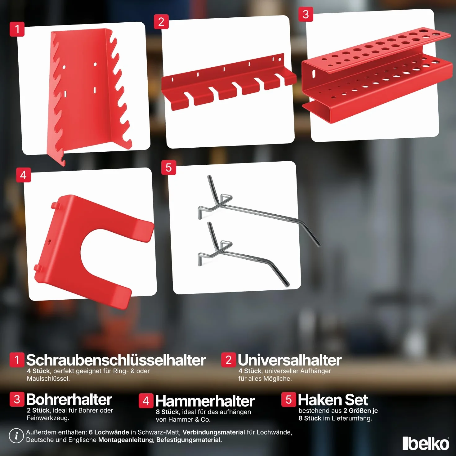 Belko® Juego de 2 paneles de herramientas de color rojo, 120 x 60 cm cada uno (combinable a 240 x 60 cm o 120 x 120 cm), incluye juego de 34 piezas de ganchos y estanterías, soporte organizador de