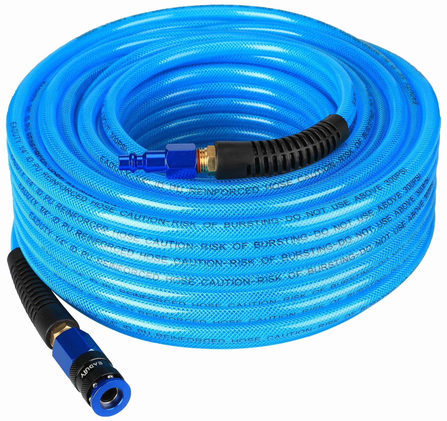 Manguera de aire de poliuretano reforzada resistente de 1/4 pulgadas x 100 pies, manguera de compresor ligera y flexible con acoplador rápido universal, restrictores de enchufe y flexión, color