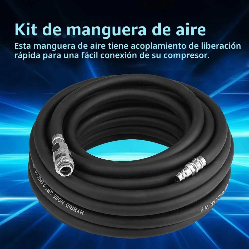 Manguera de aire comprimido flexible, manguera de aire neumática de goma con conexión rápida presión de explosión máxima de 900 Psi para compresor negro 15m