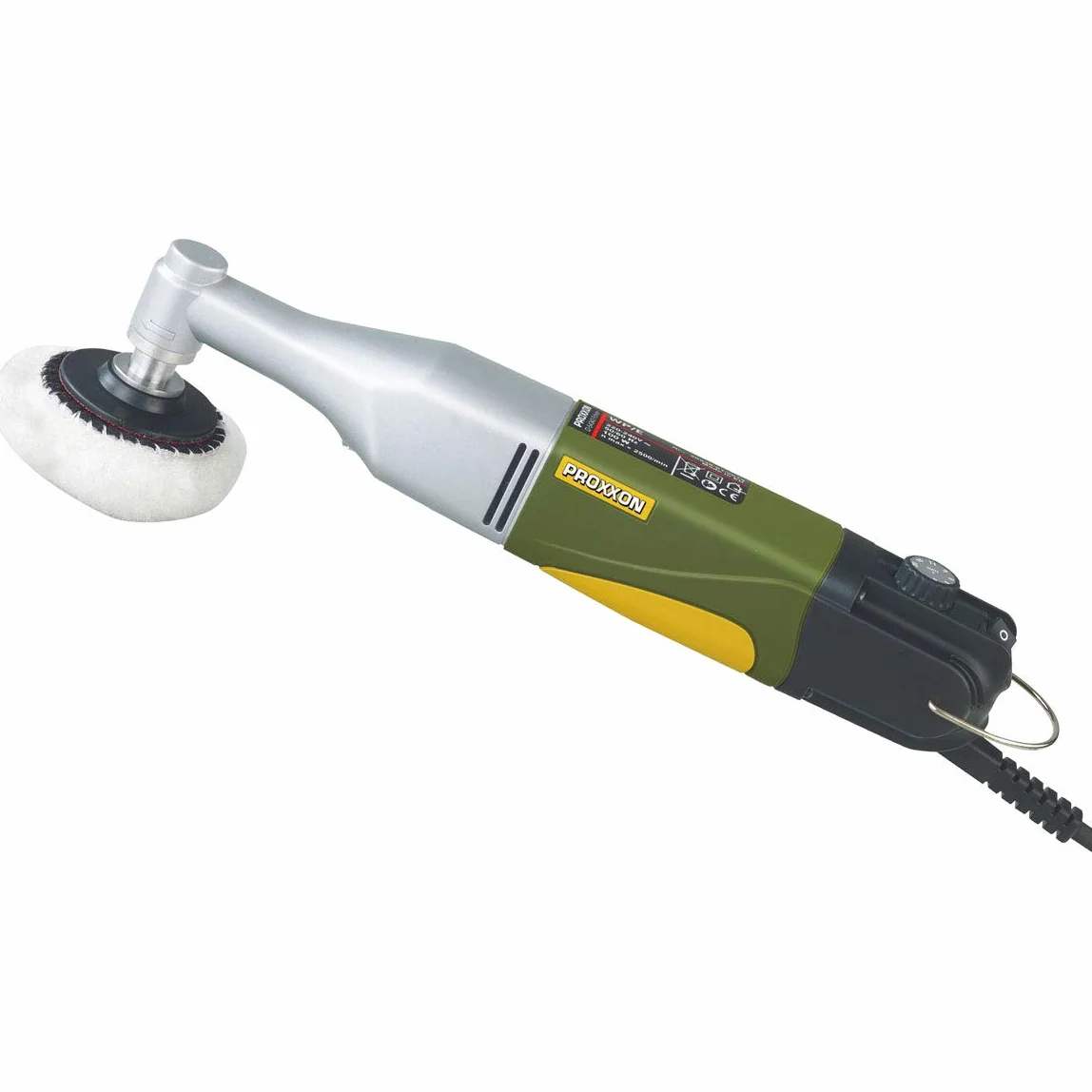 PROXXON Pulidora Angular WP/E - Acabados Perfectos en Espacios Reducidos, Eliminación de Óxido y Retoques Finales, Motor Potente y Silencioso, Engranaje Planetario, Velocidad Variable 800-2,500 RPM