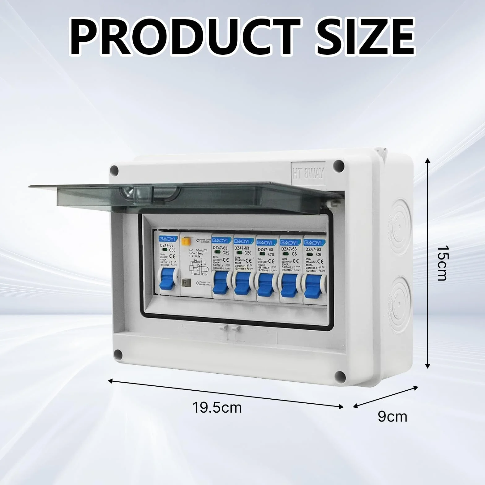Caja de Distribución, Caja Eléctrica Impermeable IP65, Caja de Fusibles de Superficie Disyuntor de 63 A, Caja de Distribución Impermeable, Interruptor de Aire 2x6A+1x10A+1x20A+1x32A