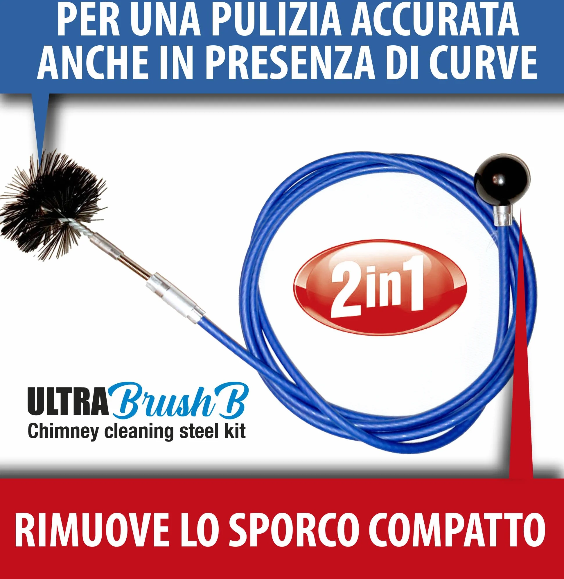 ULTRABRUSH B | Kit limpieza chimenea estufa de pellet. 2 escobillas deshollinador flexible. Compatible con todo tipo de chimeneas. Alambre de acero revestido ultra robusto y deslizante. (6 metros)