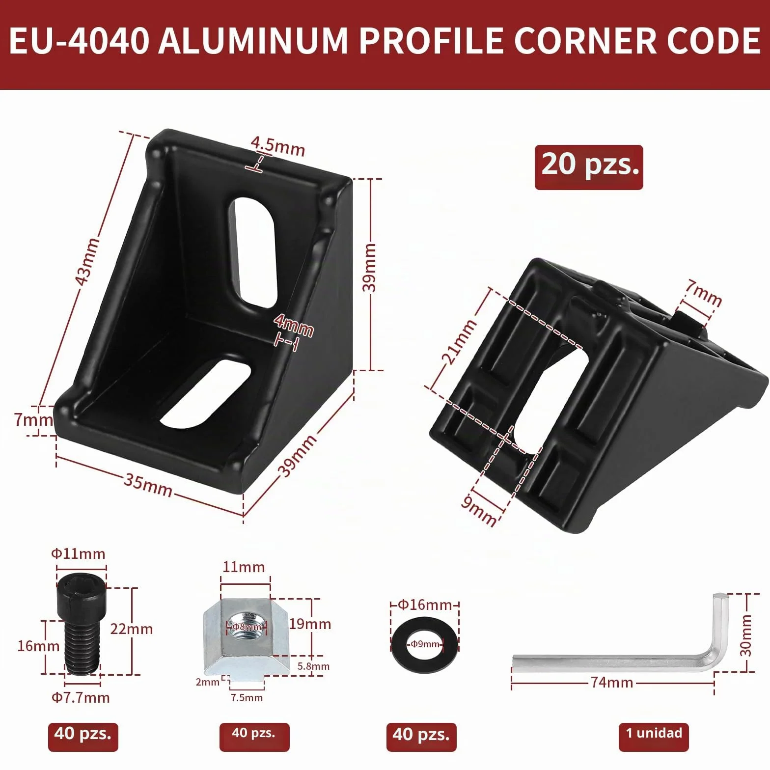 20pcs Conectores angulares de aluminio, ángulo de 40 x 40, Soporte de pared de ángulo de 90 grados, Perfil de aluminio 4040, Ranura 8 para perfil de puntales, Impresora 3D