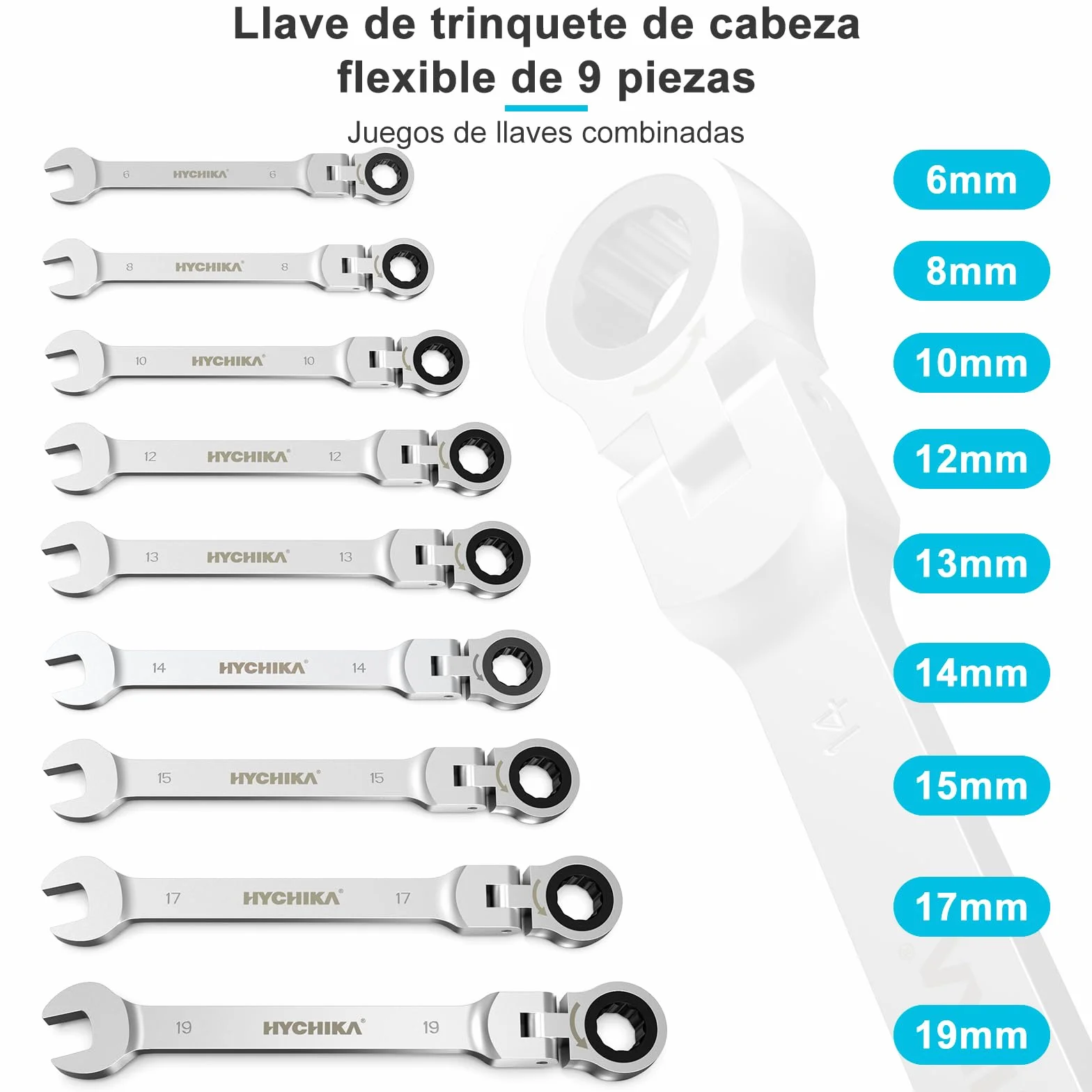 HYCHIKA Llaves Fijas Con Carraca 6-19mm, 9pcs Llave De Carraca Con Bolsa Enrollable, Llaves Combinadas Juego De Llaves, Adecuado Para ReparacióN De AutomóViles, Mantenimiento Industrial
