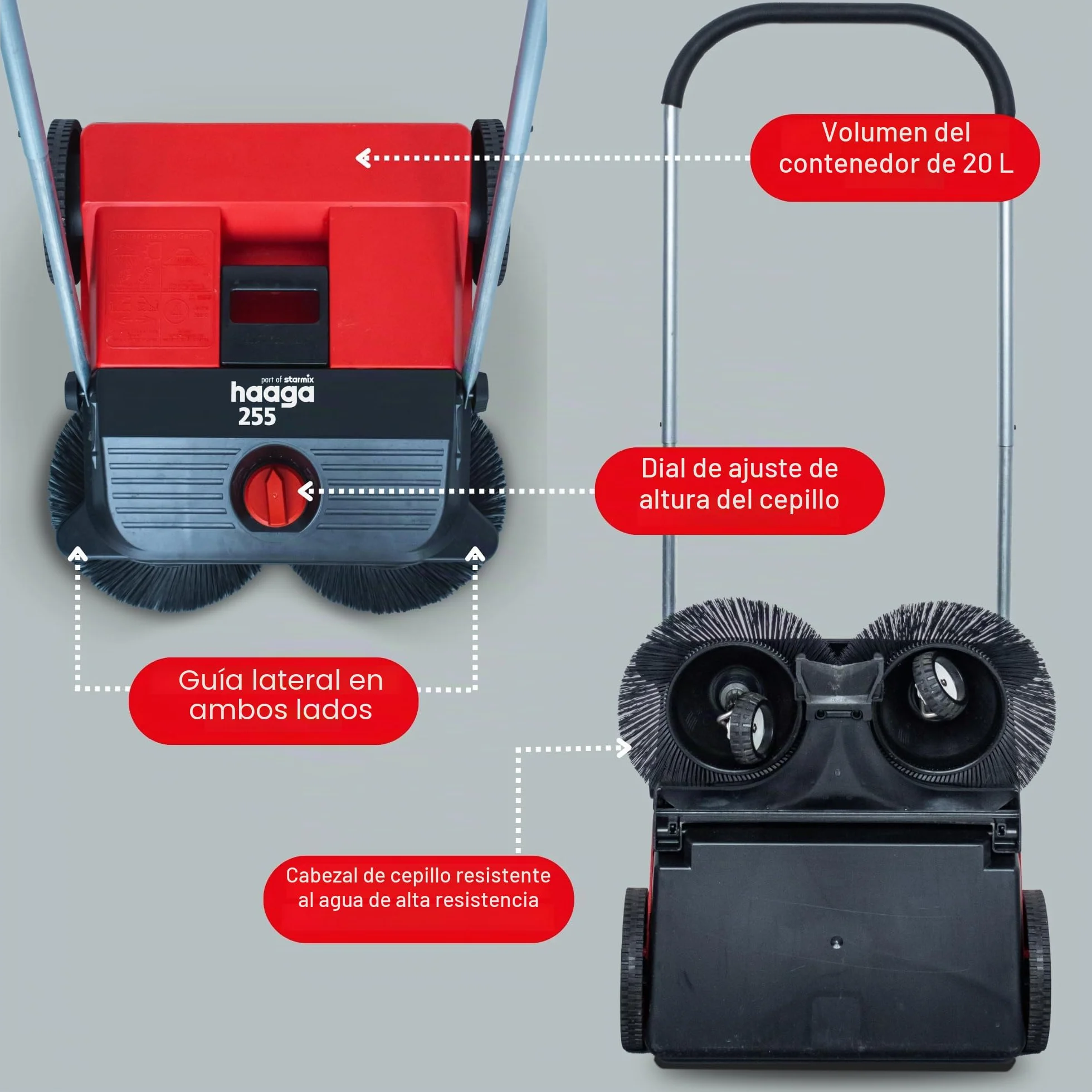 Haaga 255 - Barredora Manual con Sistema de Barrido Turbo, Capacidad de Barrido 1600 m²/h, Capacidad del depósito 20 litros
