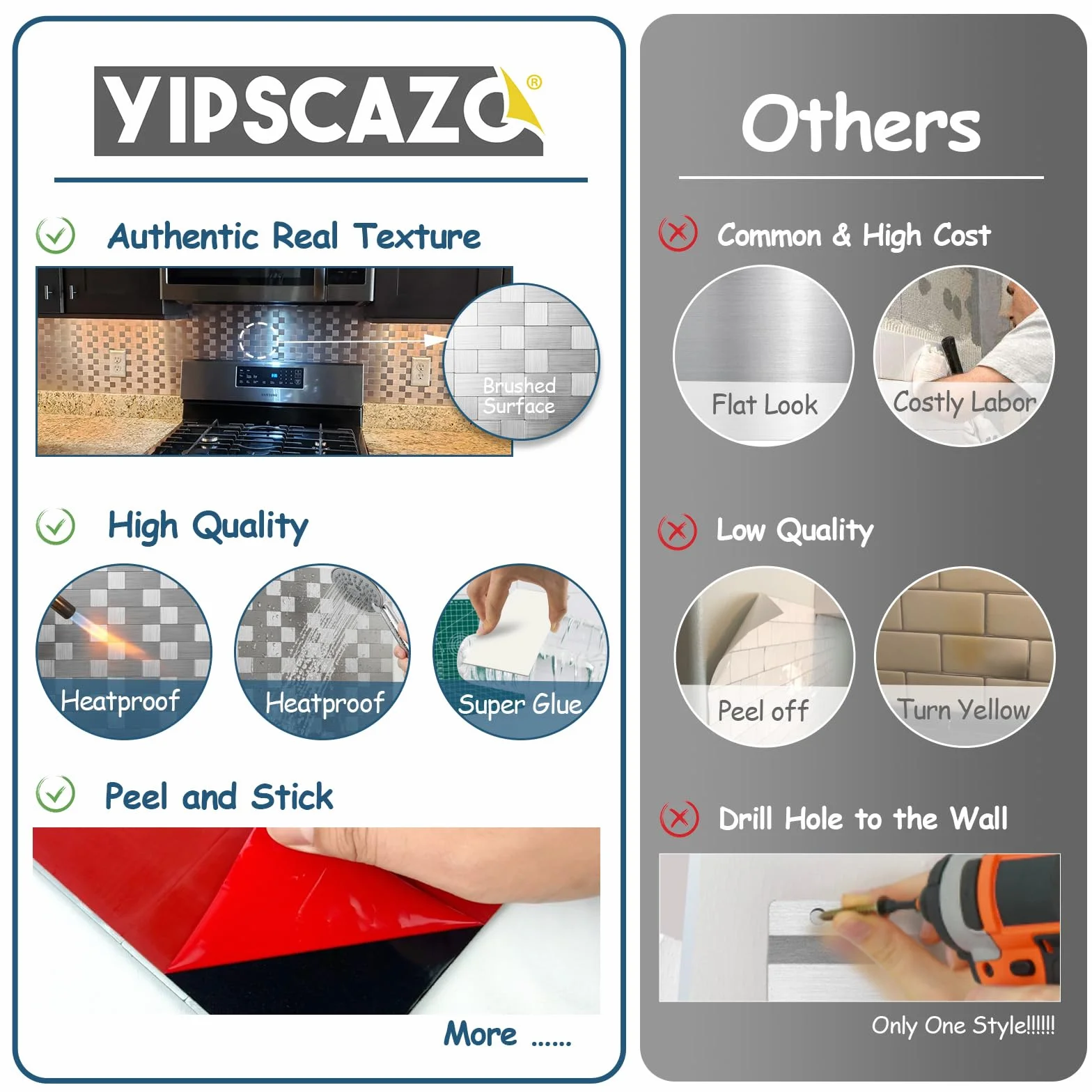 Yipscazo 20 hojas de acero inoxidable para despegar y pegar para cocina, azulejos inteligentes de metal de 12 x 12 pulgadas para paredes de baño y lavandería