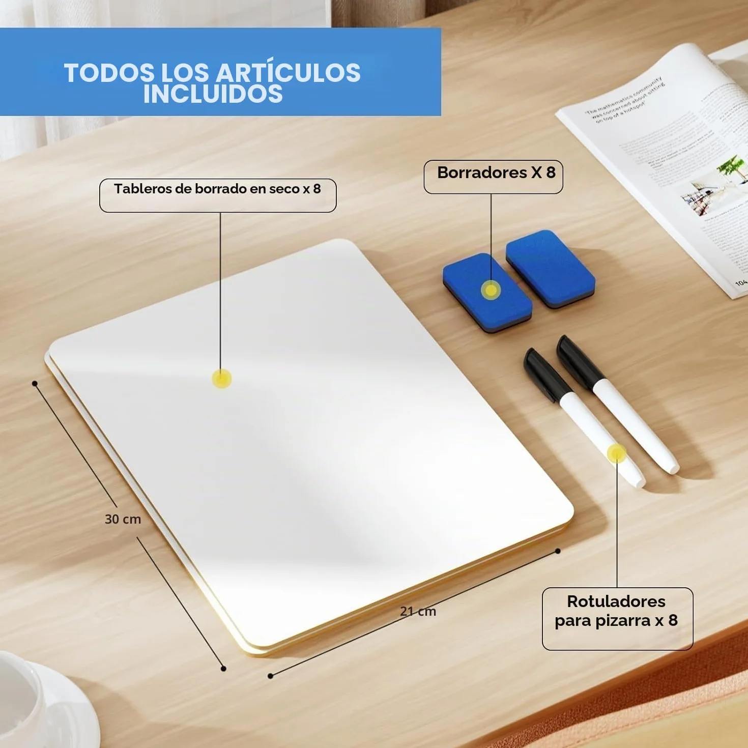 KAHEIGN 8 Piezas Pizarras Blancas Pequeñas de Borrado en Seco 21x30cm Doble Cara con Bolígrafos y Borradores