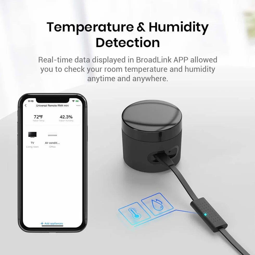 BroadLink RM4 Mini Smart Remote y Juego de Cables con Sensor de Monitor de Temperatura y Humedad, Compatible con Alexa, IFTTT
