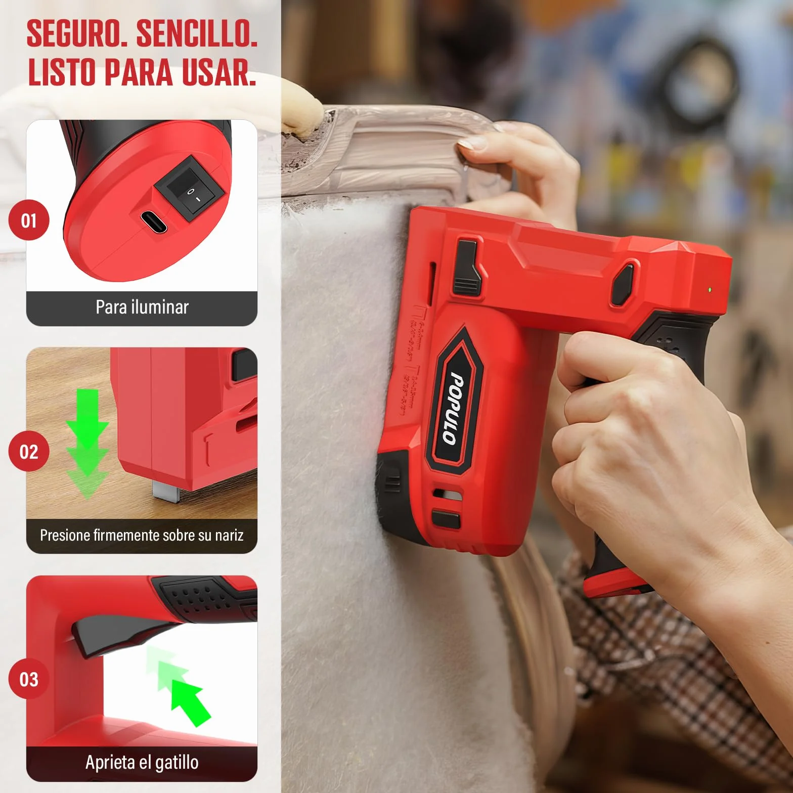 POPULO Pistola grapadora eléctrica, 2 en 1, grapadora eléctrica Tacker 4V, kit de clavadora Brad inalámbrica de 4V, pistola de clavos alimentada por batería para tapicería, carpintería, bricolaje con