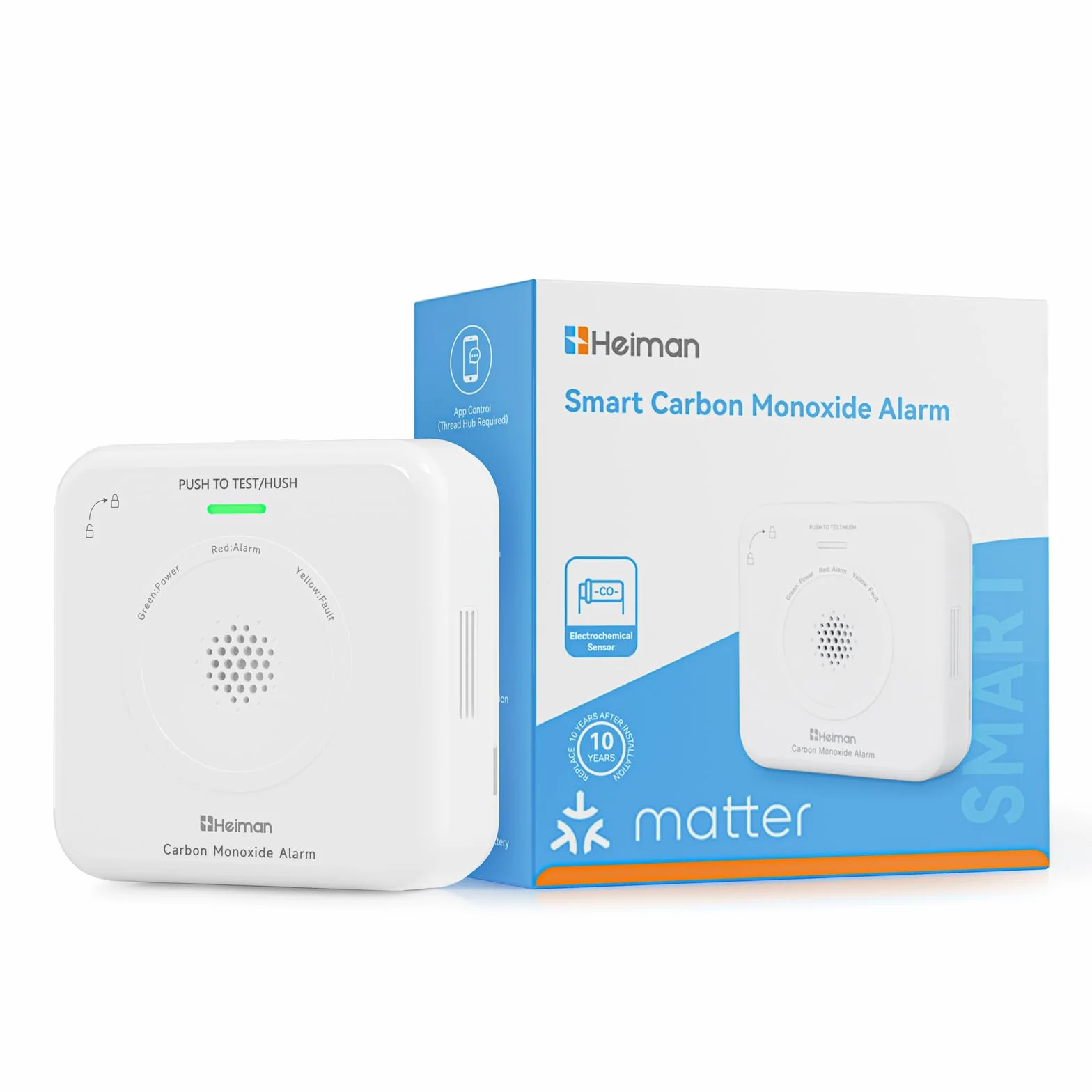 Heiman Detector de Monóxido de Carbono Inteligente Matter (Hub requerido) - Detector CO para SmartThings & Home Assistant, Certificado en 50291, Pilas reemplazables, Sensor de 10 años, 85dB