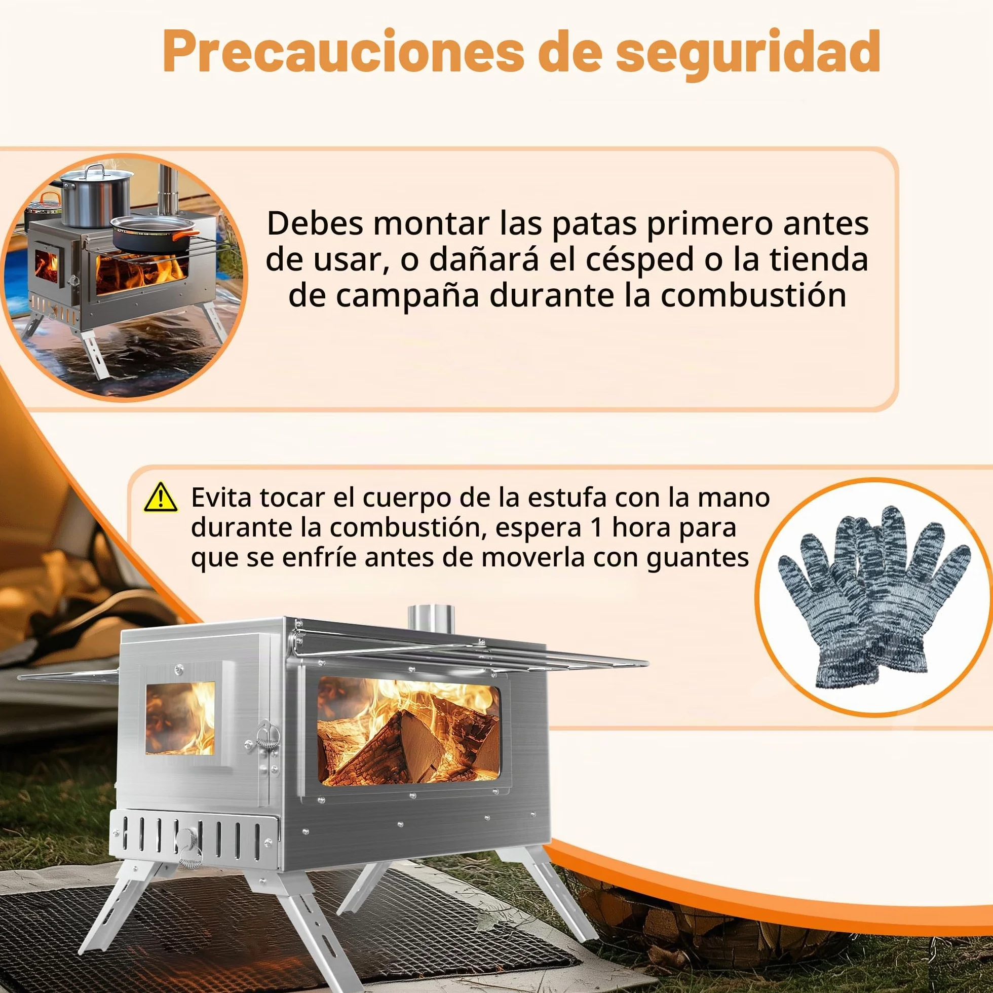 UNHO Estufa de Leña Portátil Plegable con Chimenea de Acero Inoxidable para Tienda de Campaña