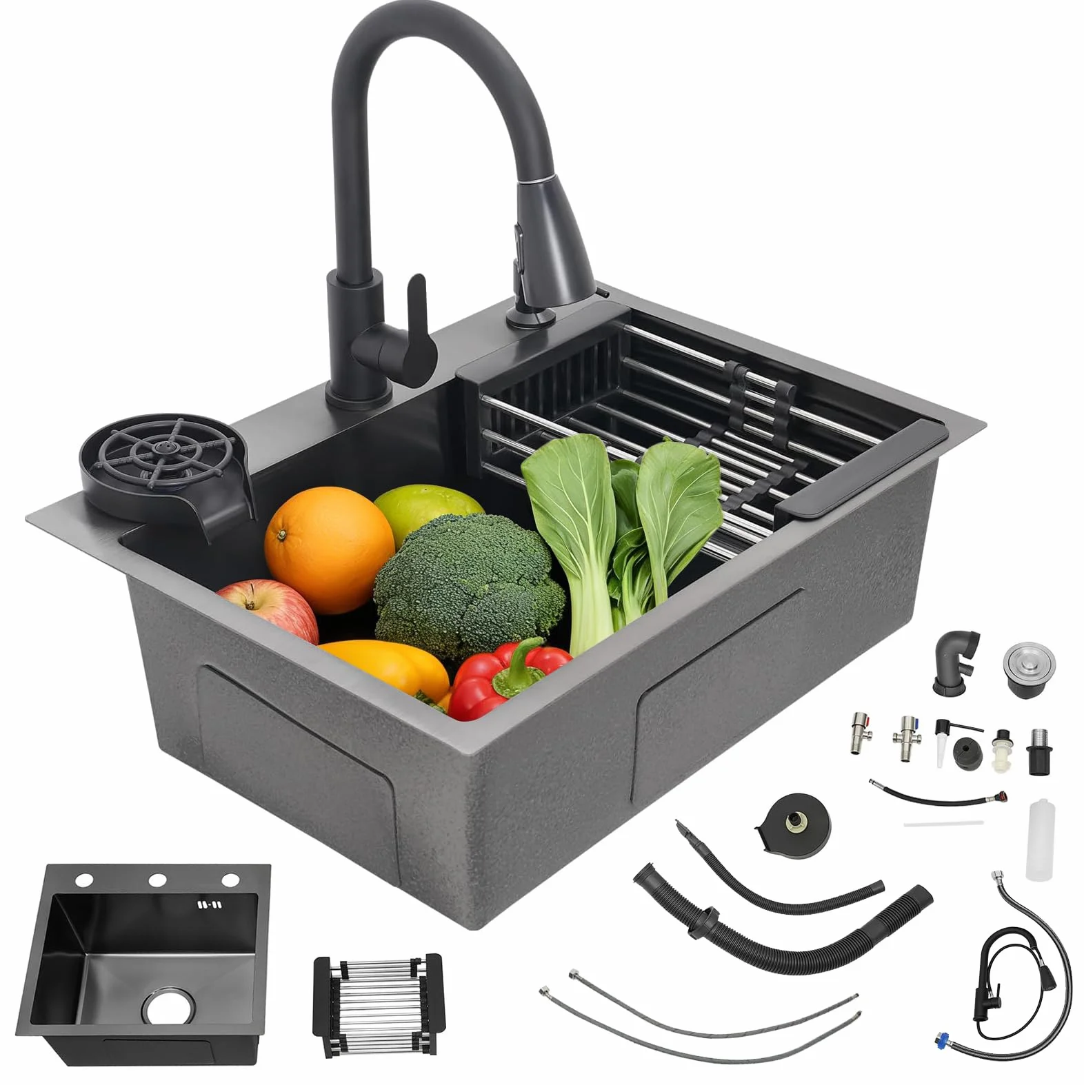 Fregadero negro 50x45 cm, fregadero de cocina de acero inoxidable, lavabo de cocina con grifo extraíble, dispensador de jabón, fregadero de cocina pequeño de acero inoxidable, fregadero empotrado incl